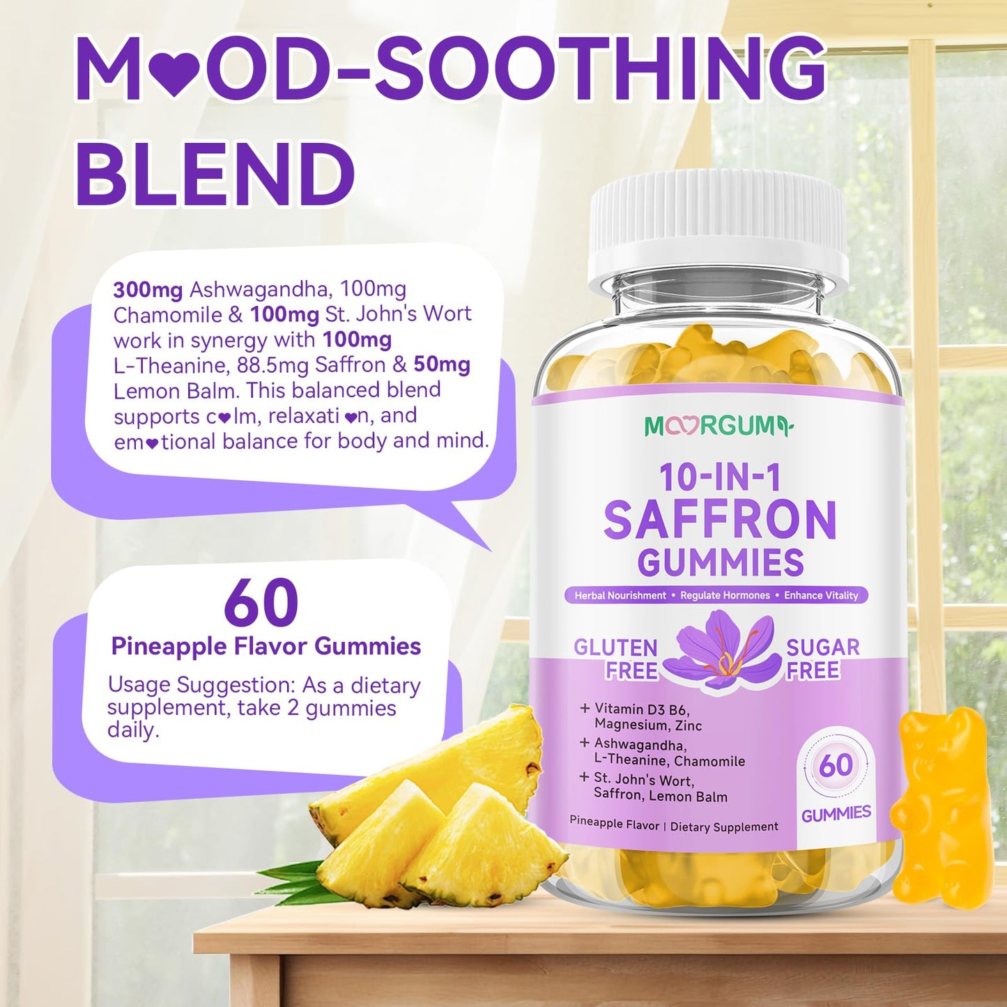 MOORGUMY Saffron Gummies 10-in-1 Cortisol Support, 120 Count