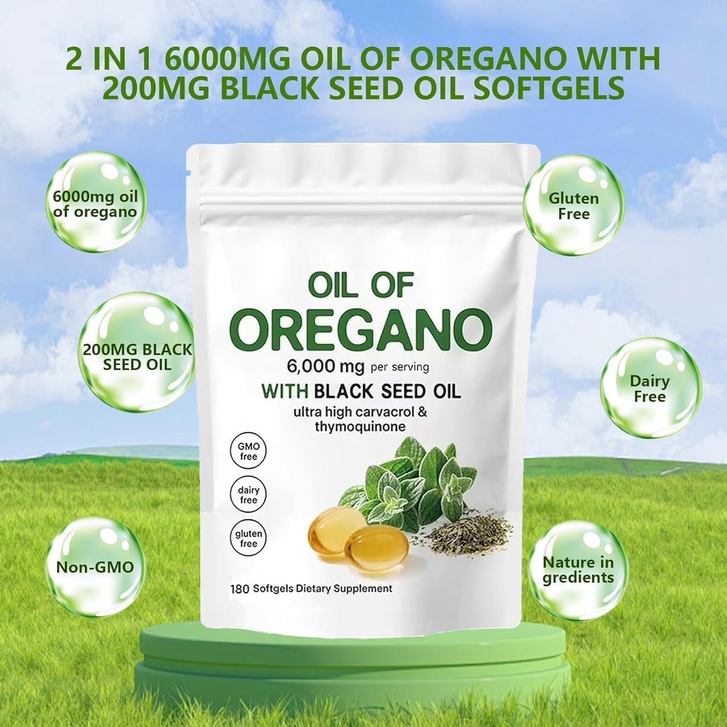 J-PRQ 2-in-1 Oil of Oregano Softgels, 180 Count