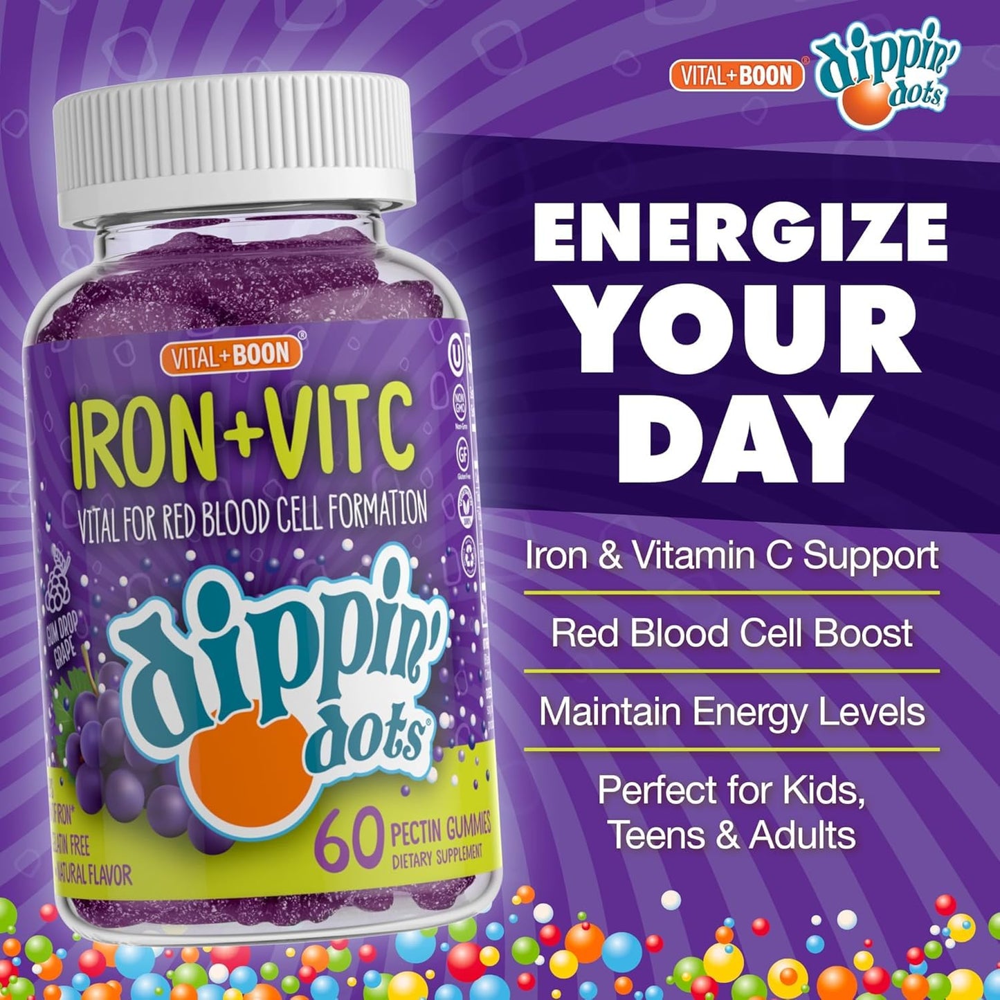 Vital+Boon Dippin' Dots Iron Gummies for Women, Vitamin C & B12, Gummy, 60 Count