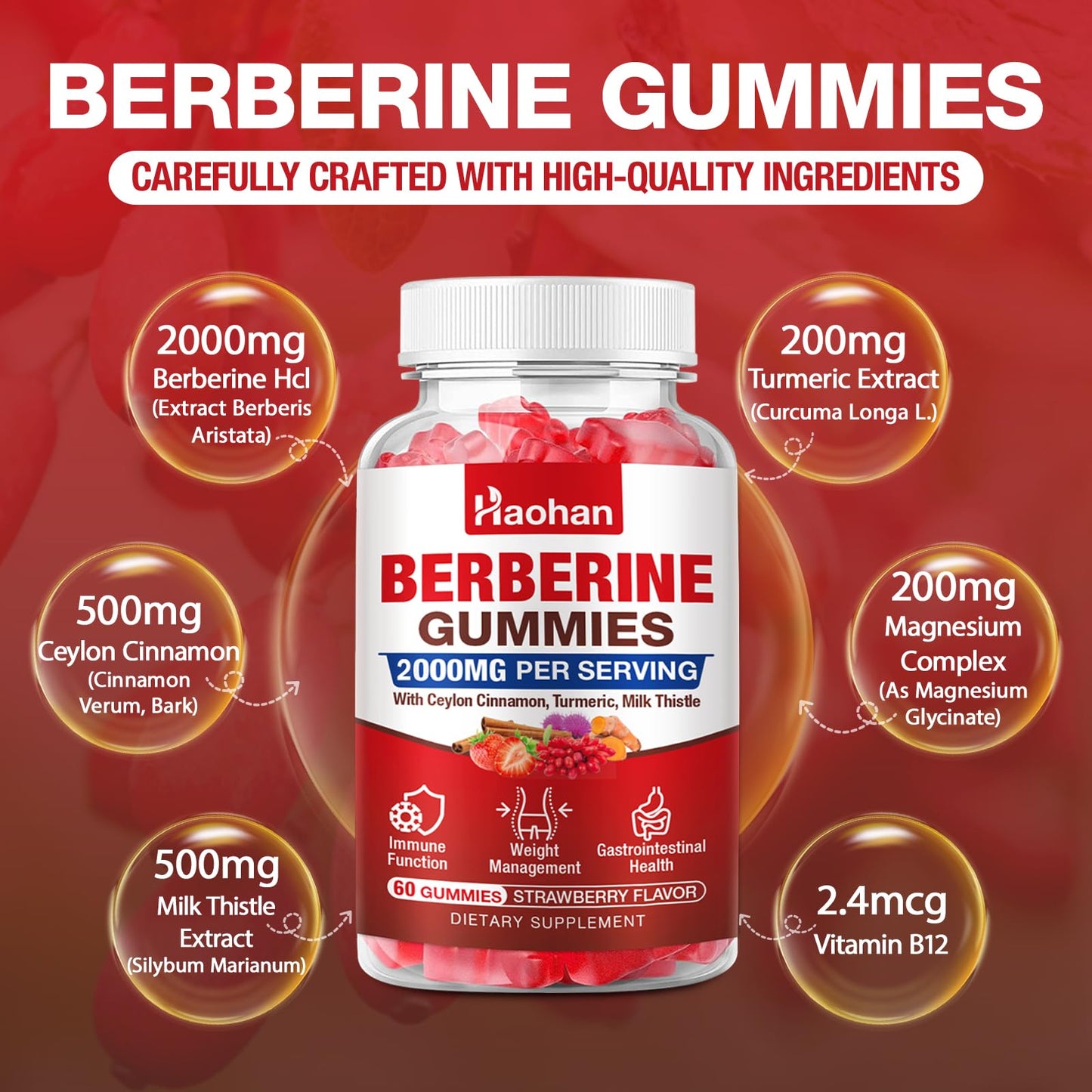 Haohan Berberine Gummies 2000mg High Potency Berberine HCl, Ceylon Cinnamon, Milk Thistle, Immune System & Metabolism Support, Vegan, Strawberry Flavor, 2 Count