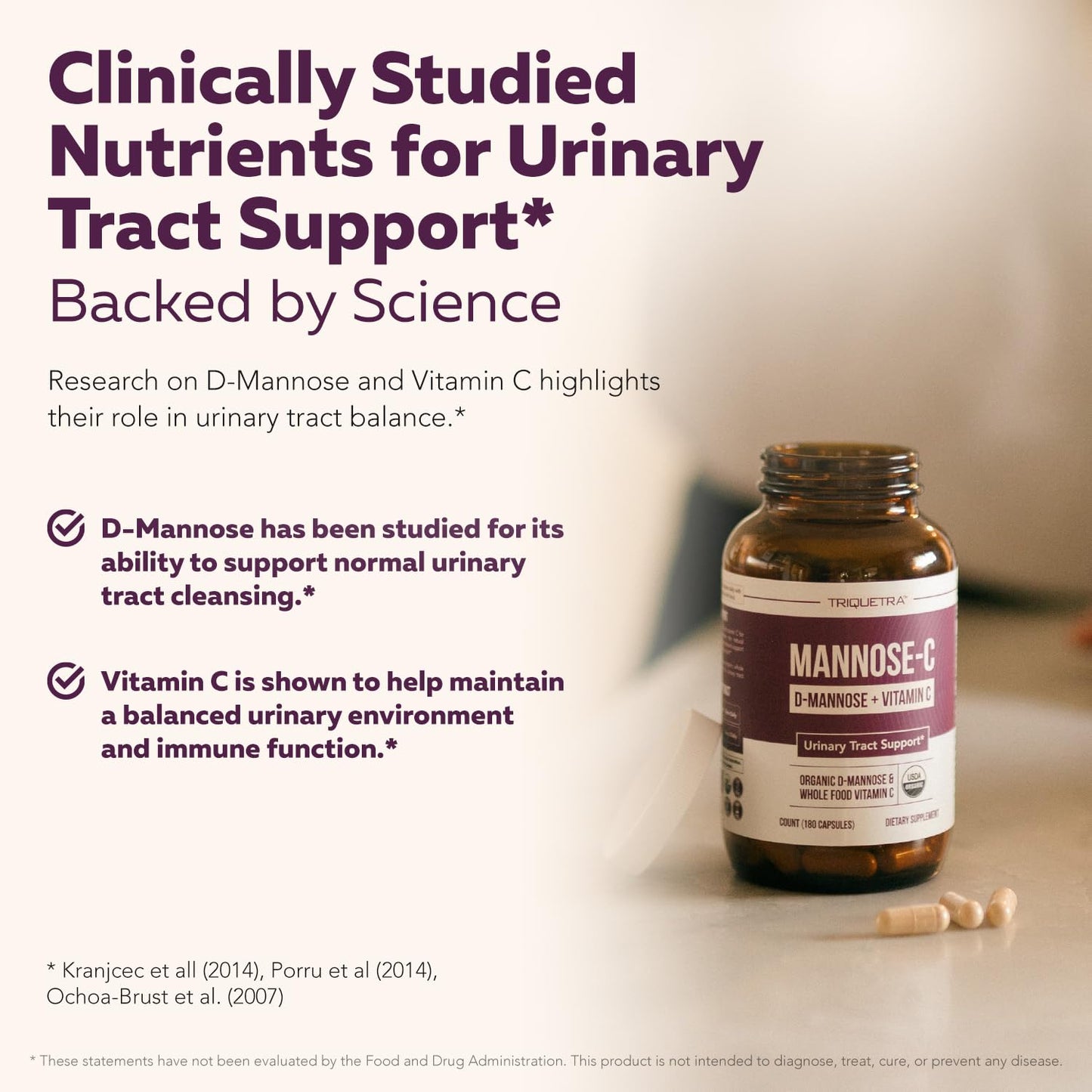 Triquetra Health Mannose-C Organic D-Mannose + Whole Food Vitamin C for UTI Support Capsule, 180 Count