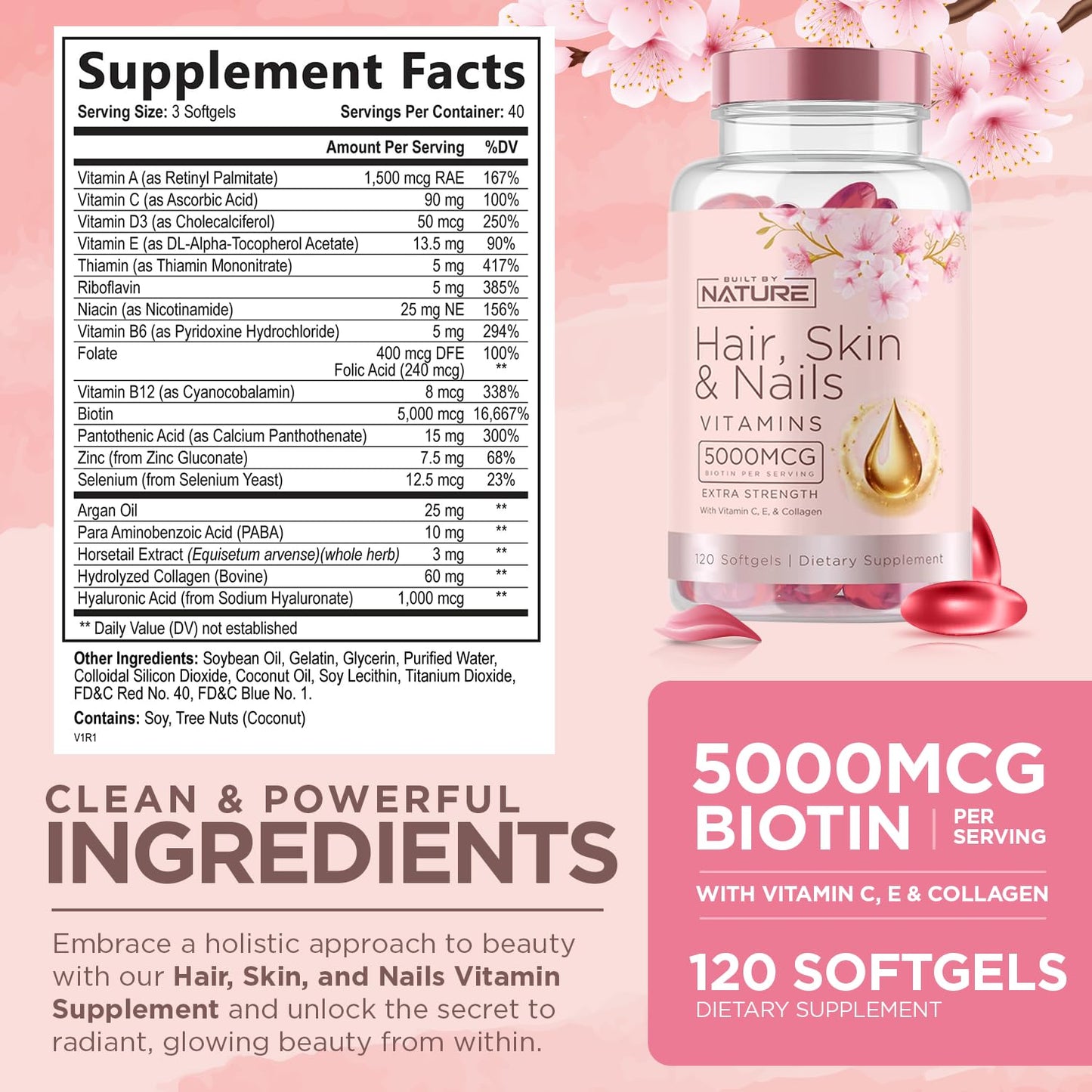Built by Nature Hair Skin and Nails Vitamins Softgels 120