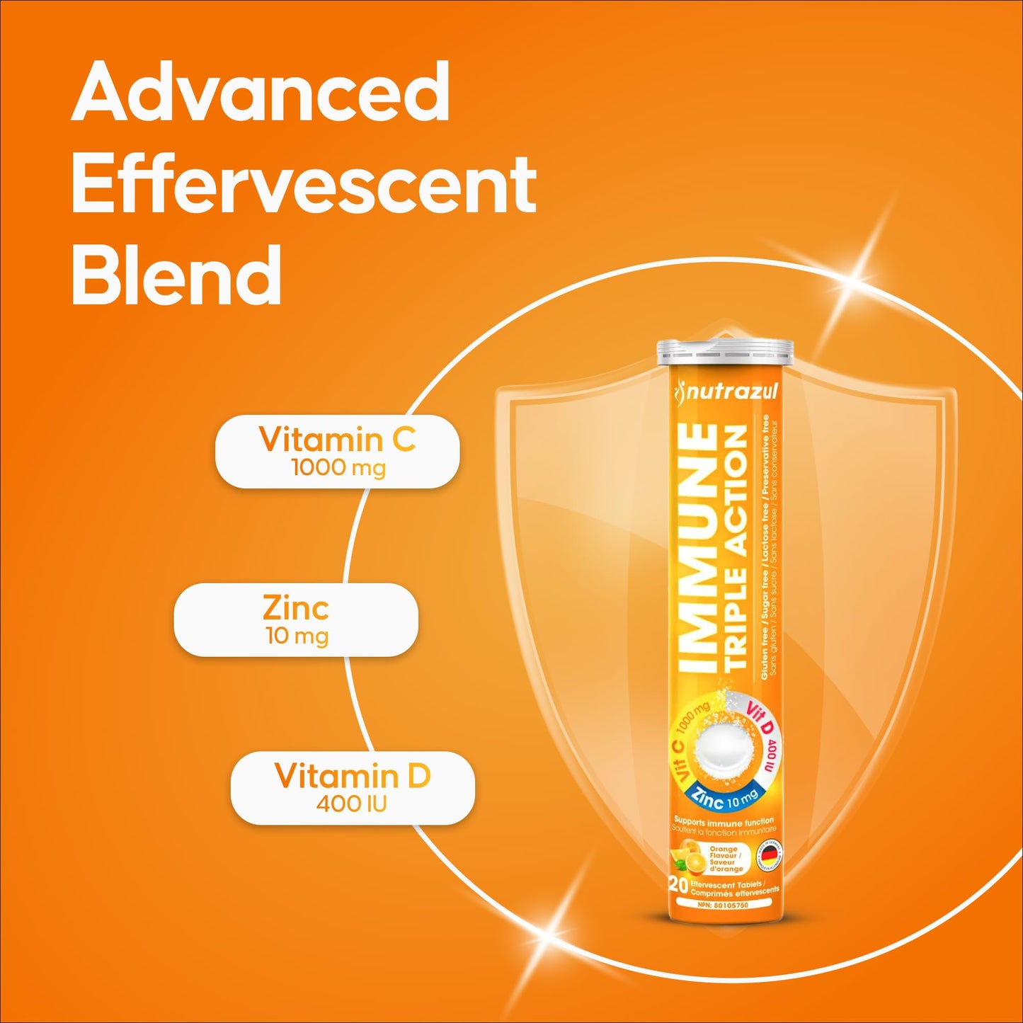 nutrazul Immune Triple Action Effervescent Tablets with Vitamin C 1000mg, Vitamin D, Zinc, Orange Flavor, 60 Tablets