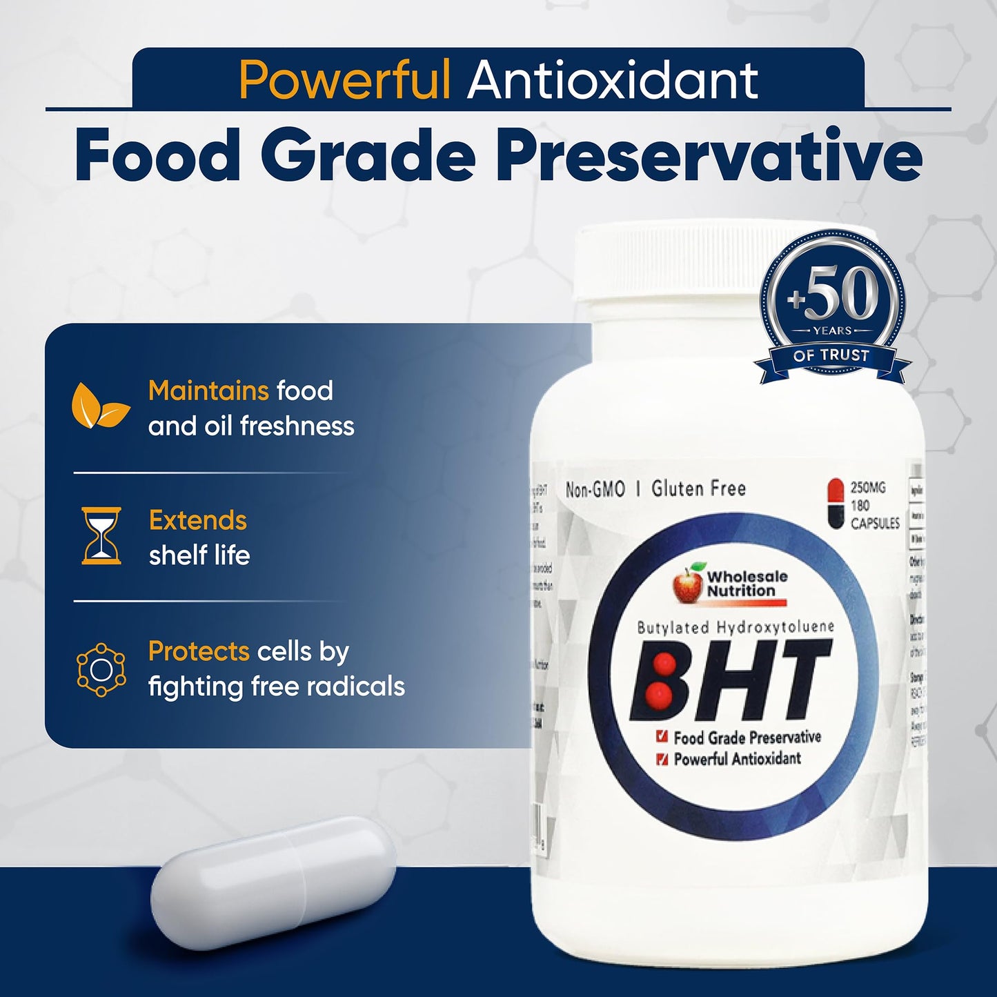 Wholesale Nutrition BHT 250mg Potent Antioxidant Non-GMO, Gluten-Free, 180 Capsules