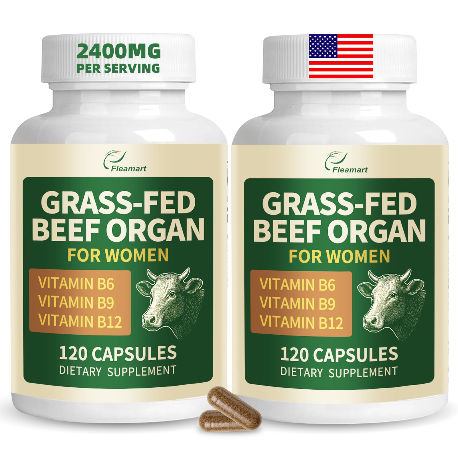 Fleamart Beef Organ Supplement for Women with Vitamin B Complex Capsules, 240 Count