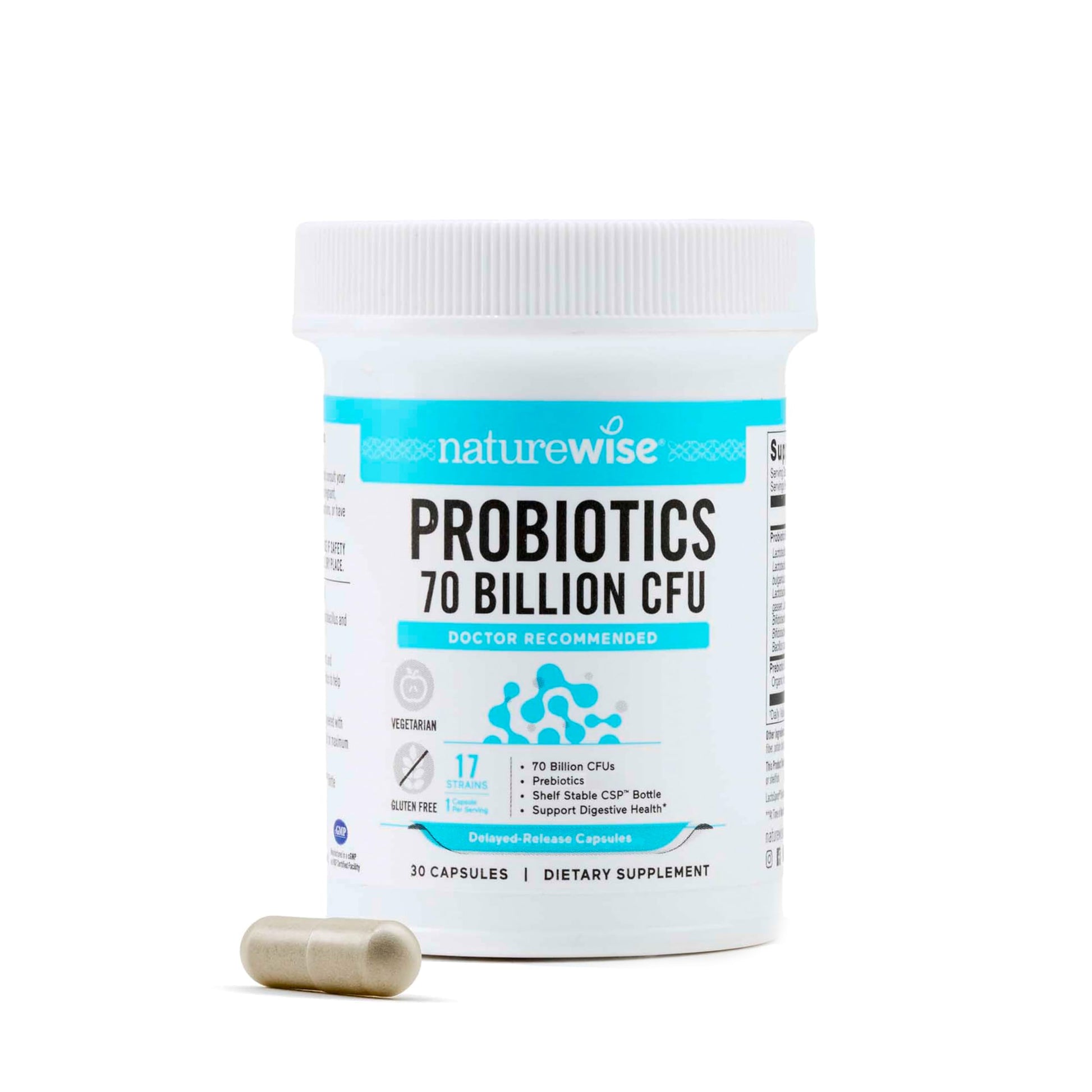 NatureWise Probiotics 70 Billion CFU - 17 Strains + Organic Prebiotics - Immune, Digestive & Gut Health Support for Women & Men - Vegetarian, Gluten-Free, Non-GMO - 30 Capsules