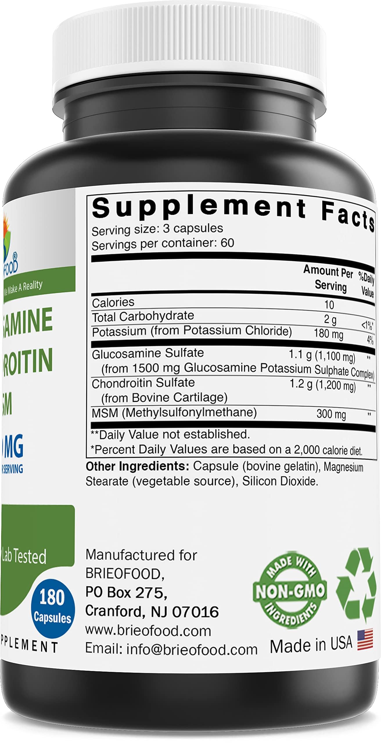 Brieofood Triple Strength Glucosamine Chondroitin MSM 2600mg/Serving Capsules, 180 Count