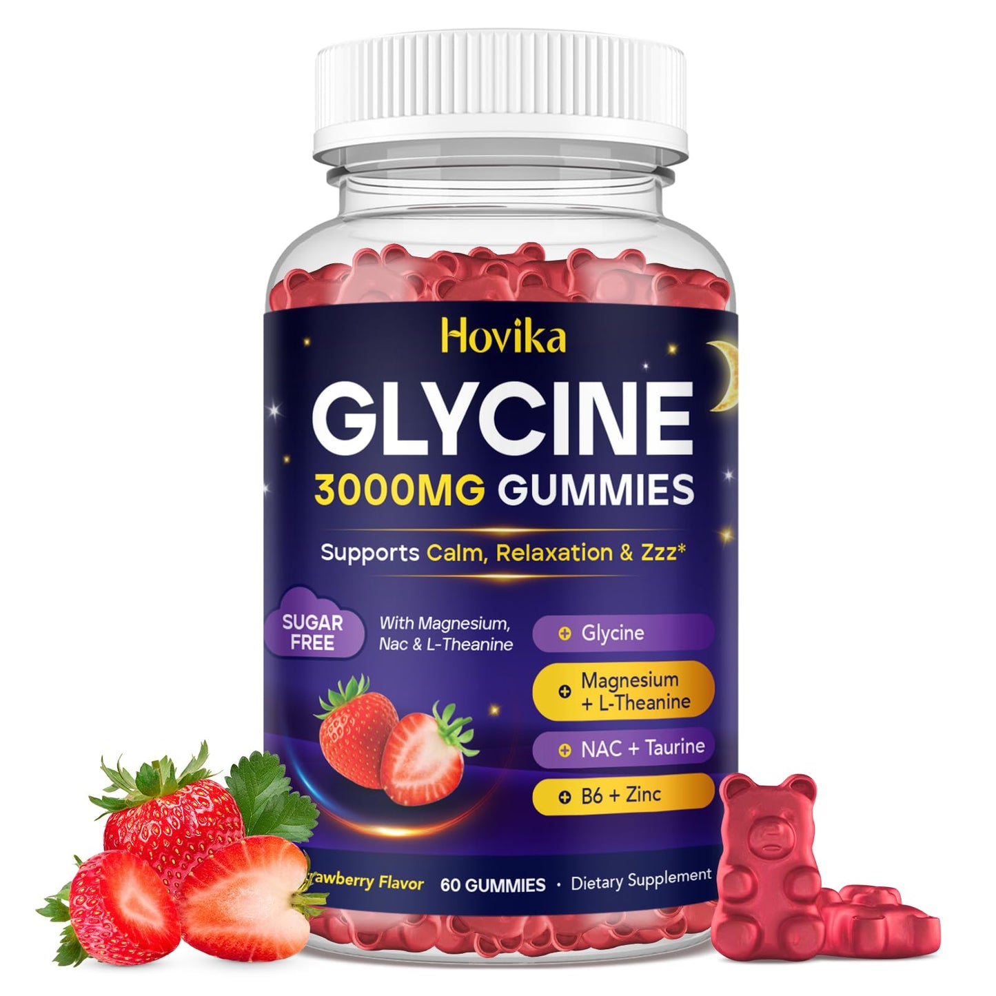 Hovika Glycine Gummies with Magnesium Glycinate, NAC, Taurine, L-Theanine, GABA, Zinc for Sleep, Nerve & Brain Support, Vegan Strawberry Flavor, 60 Gummies