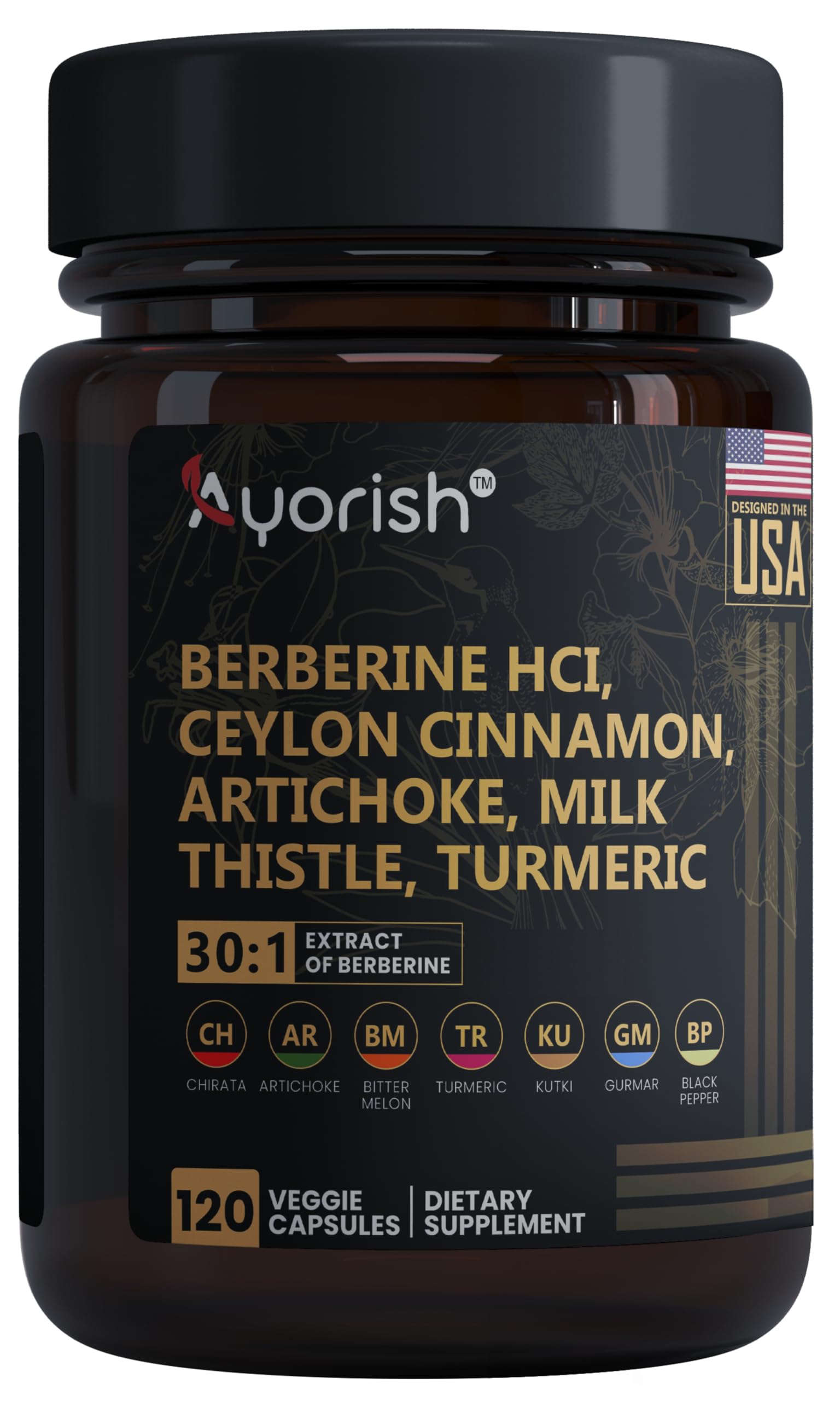 Ayorish Berberine with Ceylon Cinnamon, Milk Thistle & Turmeric, 120 Capsules
