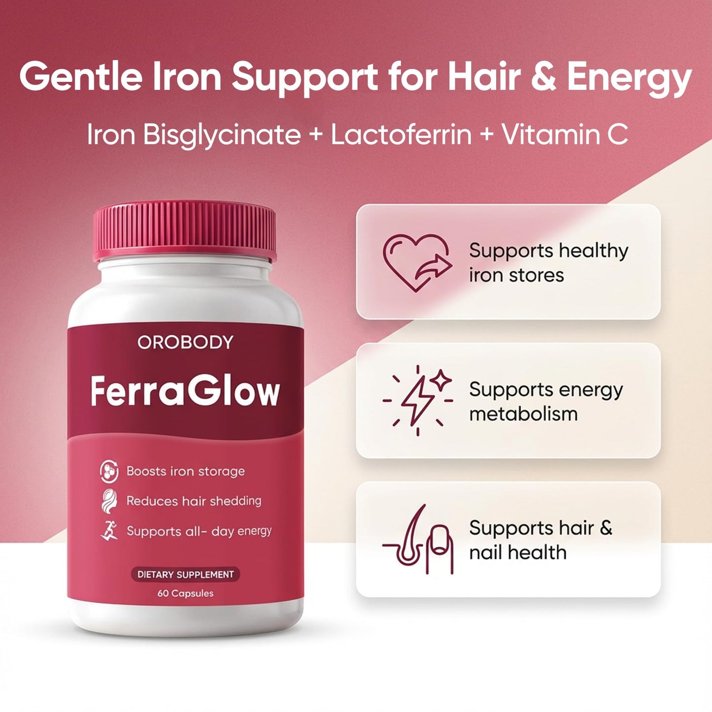 Megacephalus Ferraglow Ferritin Supplement - Daily Iron Support Capsules with Iron Bisglycinate Lactoferrin Vitamin C B12 and Gentle Absorption, 60 Capsules