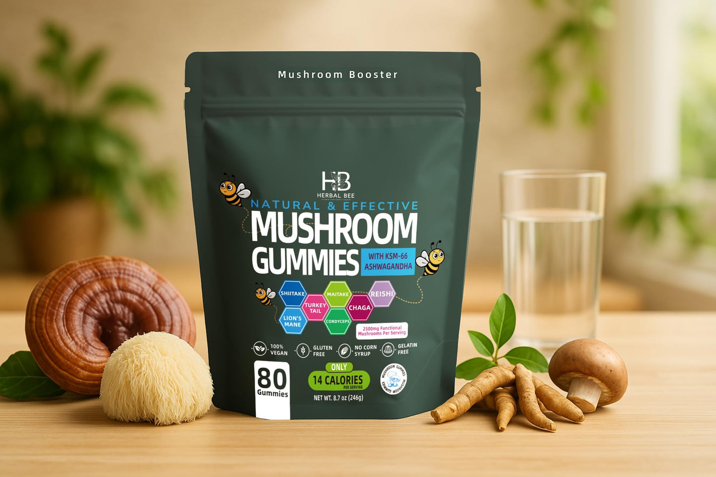 Herbal Bee Organic Ashwagandha & Lions Mane Mushroom Gummies 80