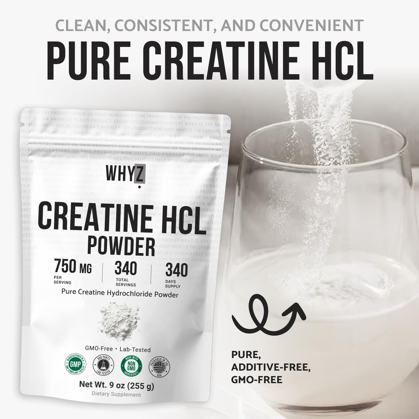 WHYZ Pure Creatine HCL Powder, 9 oz