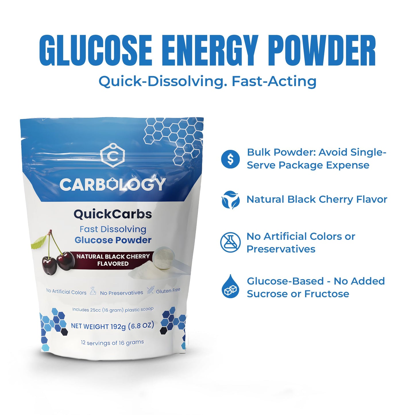 Carbology QuickCarbs Fast-Dissolving Glucose Powder Energy Blend, Powder, 12 Servings