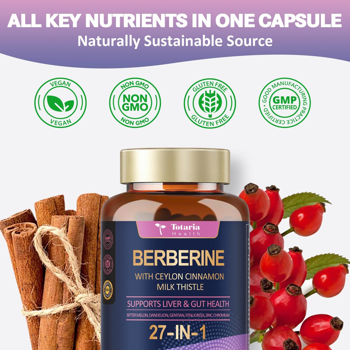 Totaria Berberine Supplement with Ceylon Cinnamon, Milk Thistle - GLP-1 Supplement GLP Activate Natural Formula, Berberine Plus for Liver & Gut Health, Immunity, Better Figure, Men & Women Capsules 120