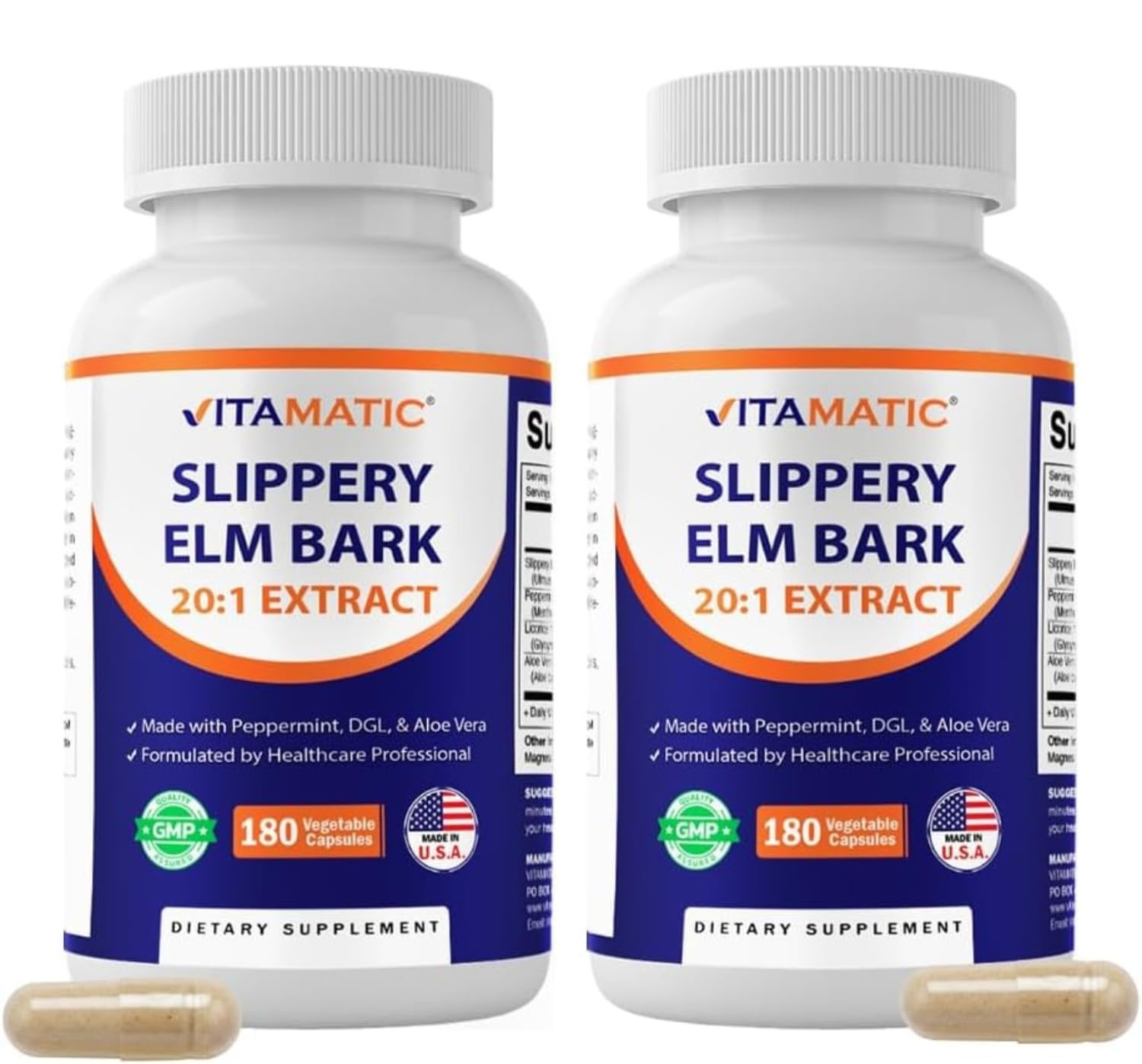 Vitamatic Slippery Elm with Peppermint, DGL & Aloe Vera - 180 Capsules