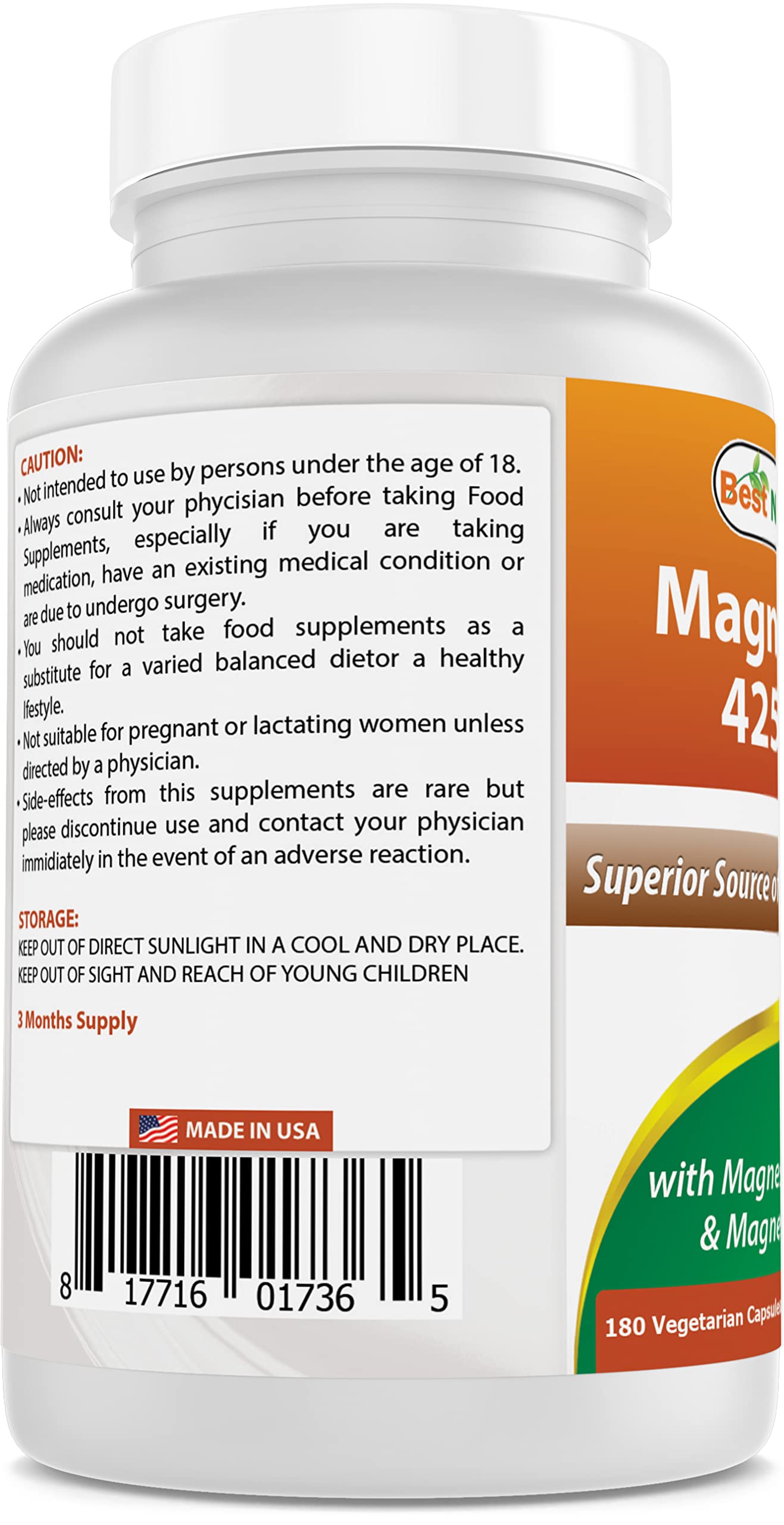 Best Naturals Magnesium 425 mg Capsules 180 Count
