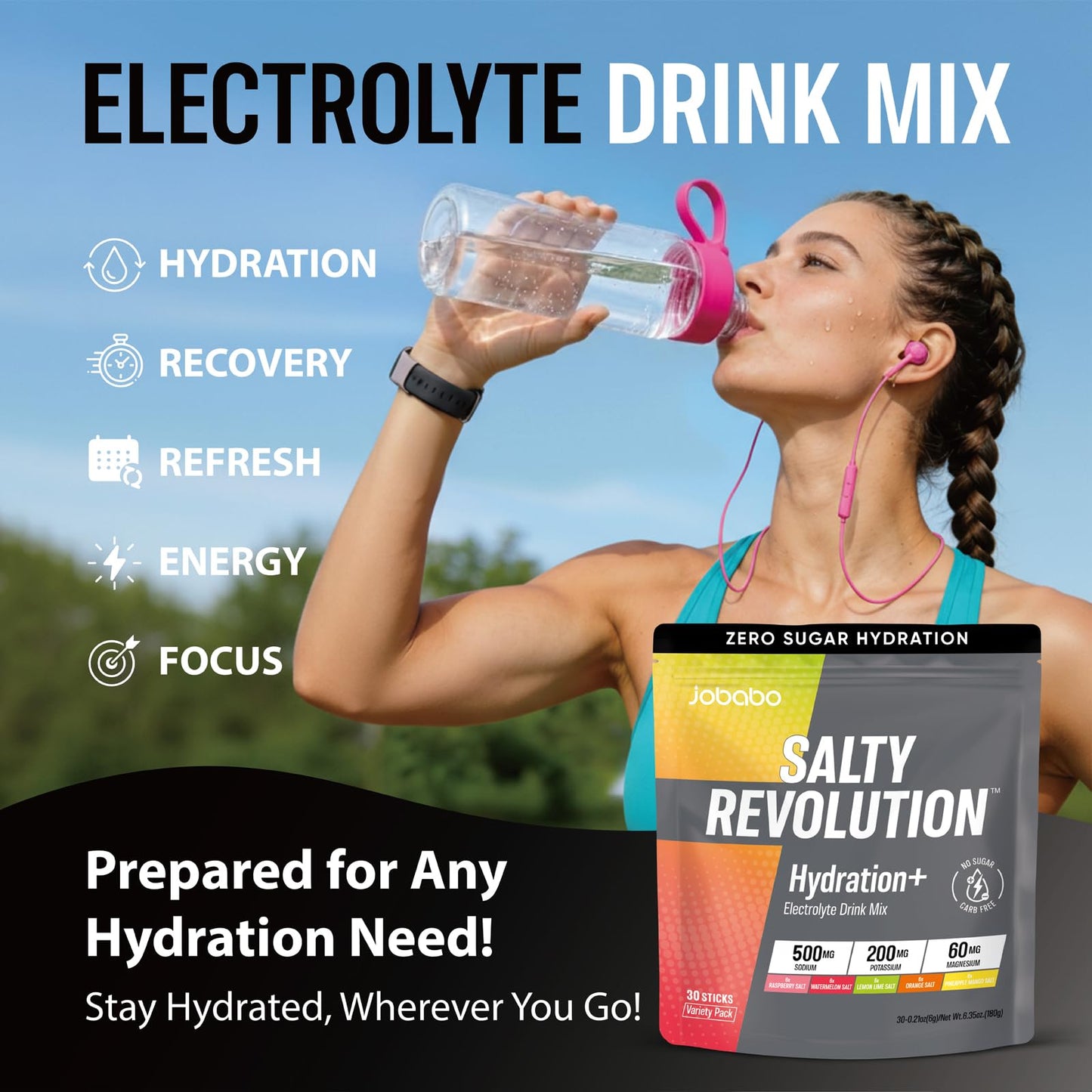 Jobabo Salty Revolution Electrolytes Powder Packets, Variety Pack, 6.35 Ounces