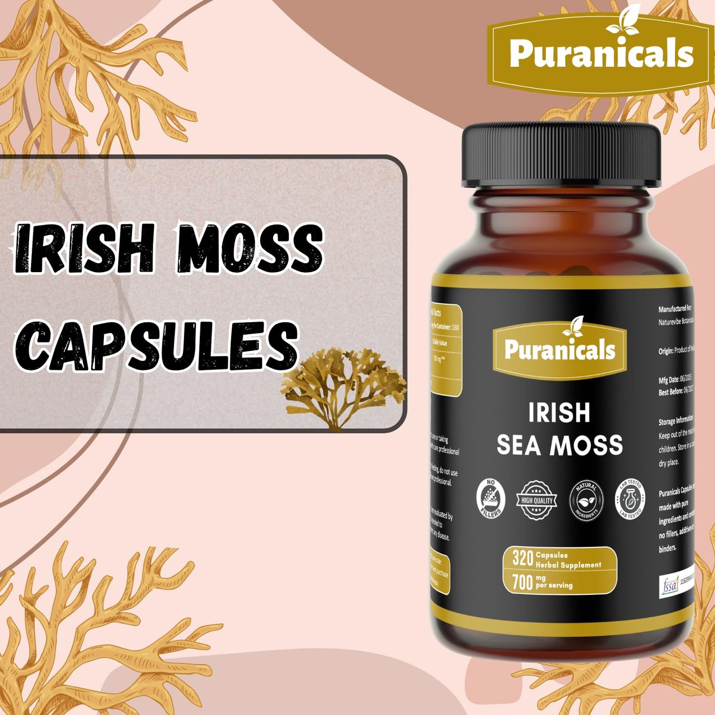 Puranicals Irish Sea Moss Premium Capsules 320 Count