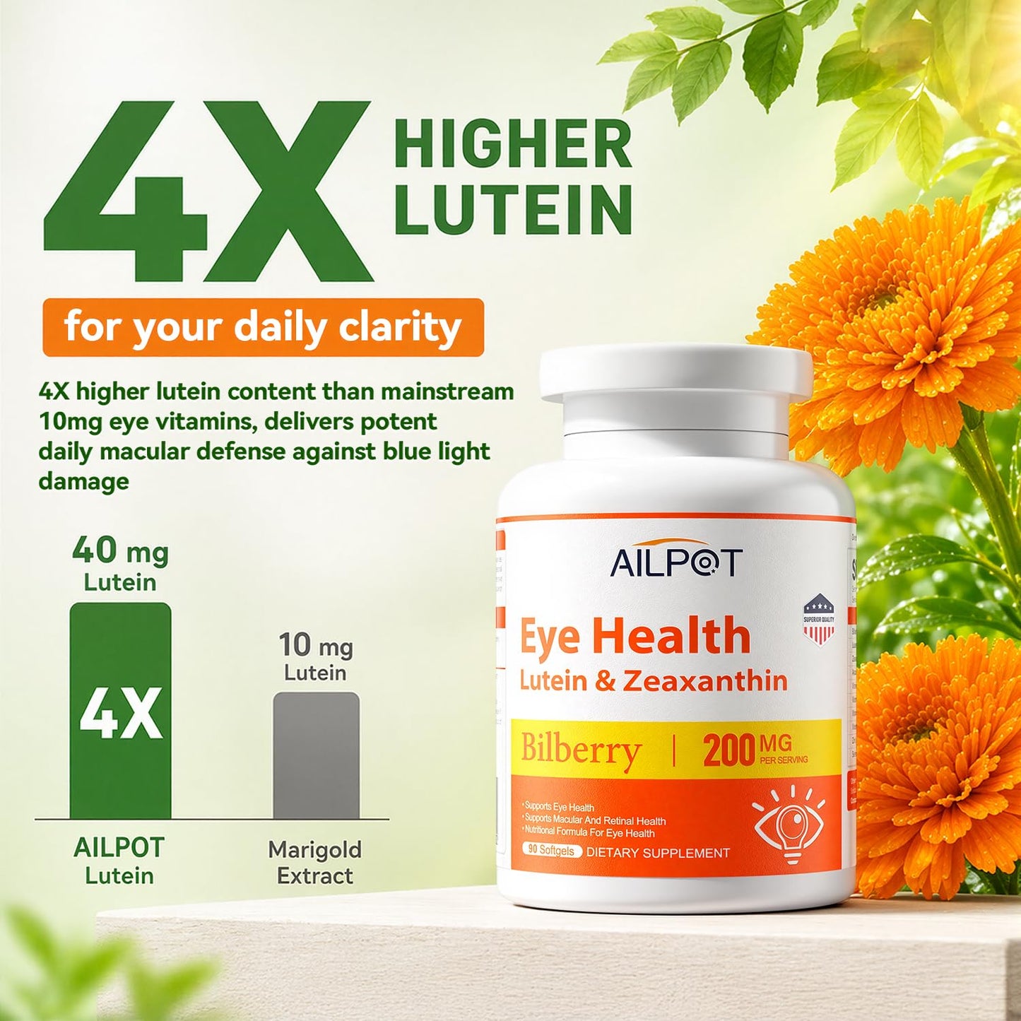 AILPOT Lutein 40mg & Zeaxanthin 8mg Eye Health Caplets, 90 Count