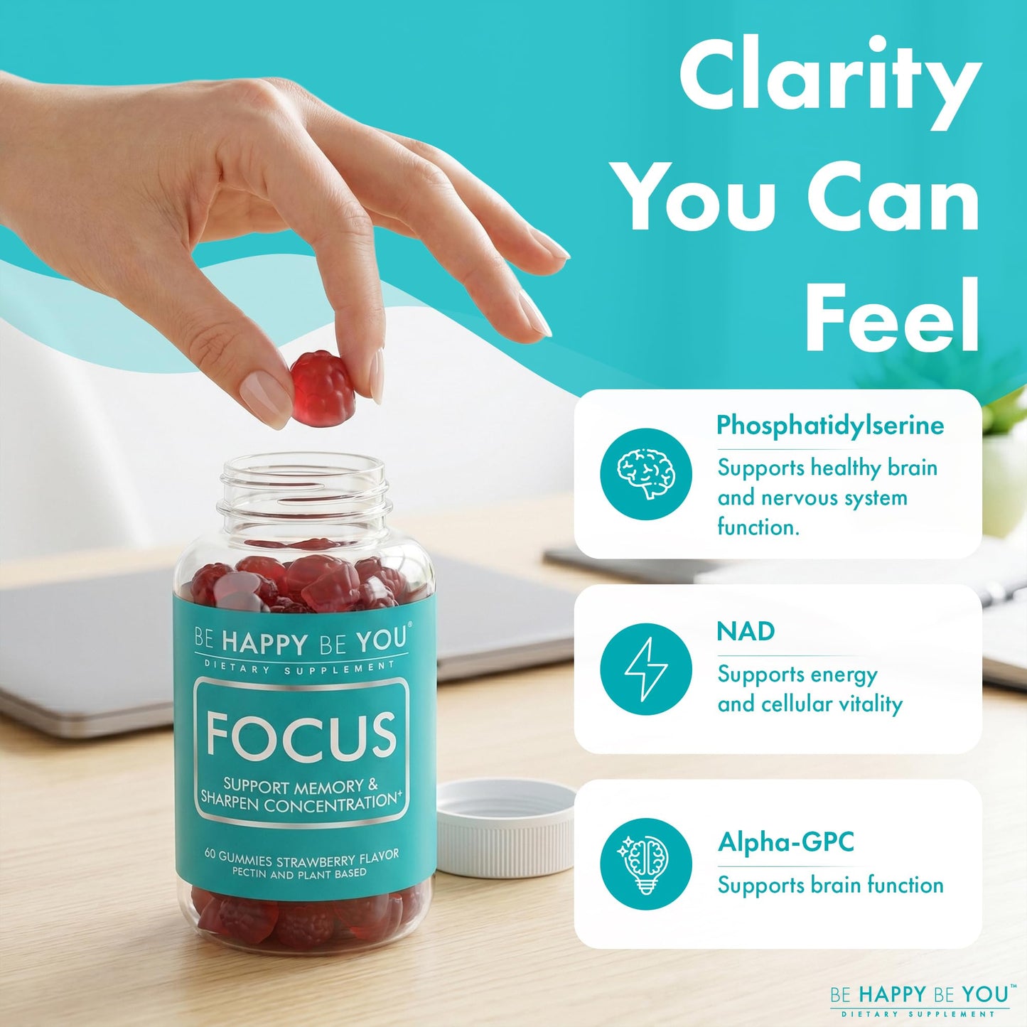 Be Happy Be You Focus Gummies NAD+ Brain Supplement with Phosphatidylserine, Alpha GPC Choline & Green Tea Extract – Memory & Focus Support – Strawberry, 90 Gummies