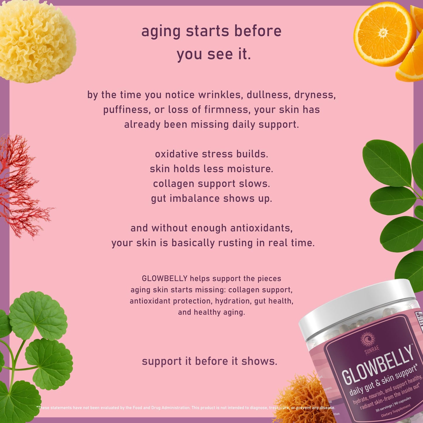 Sunrae Wellness Glowbelly Beauty Supplement with Sea Moss, Astaxanthin, Moringa, & Vitamin C for Glowing Skin, Hydration, Healthy Aging & Gut Health Capsule, 90 Count