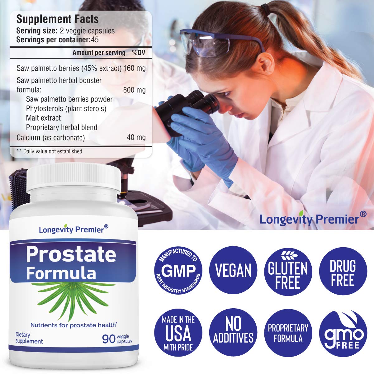 Longevity Premier Nutraceuticals Inc Longevity Prostate Formula with Standardized Saw Palmetto Extract, Extra Strength for Prostate Health and Hair Loss Prevention Capsules, 1 Count