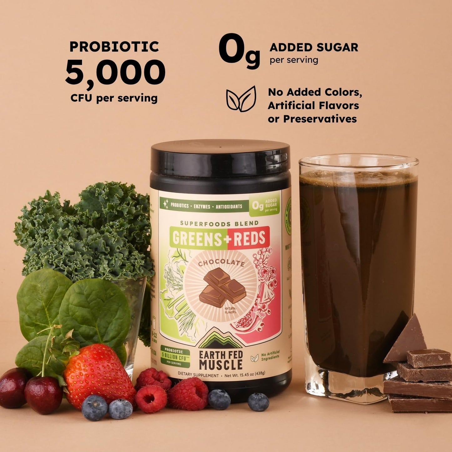 Earth Fed Muscle Greens and Reds Superfoods Blend Chocolate Powder 15.45 Ounce