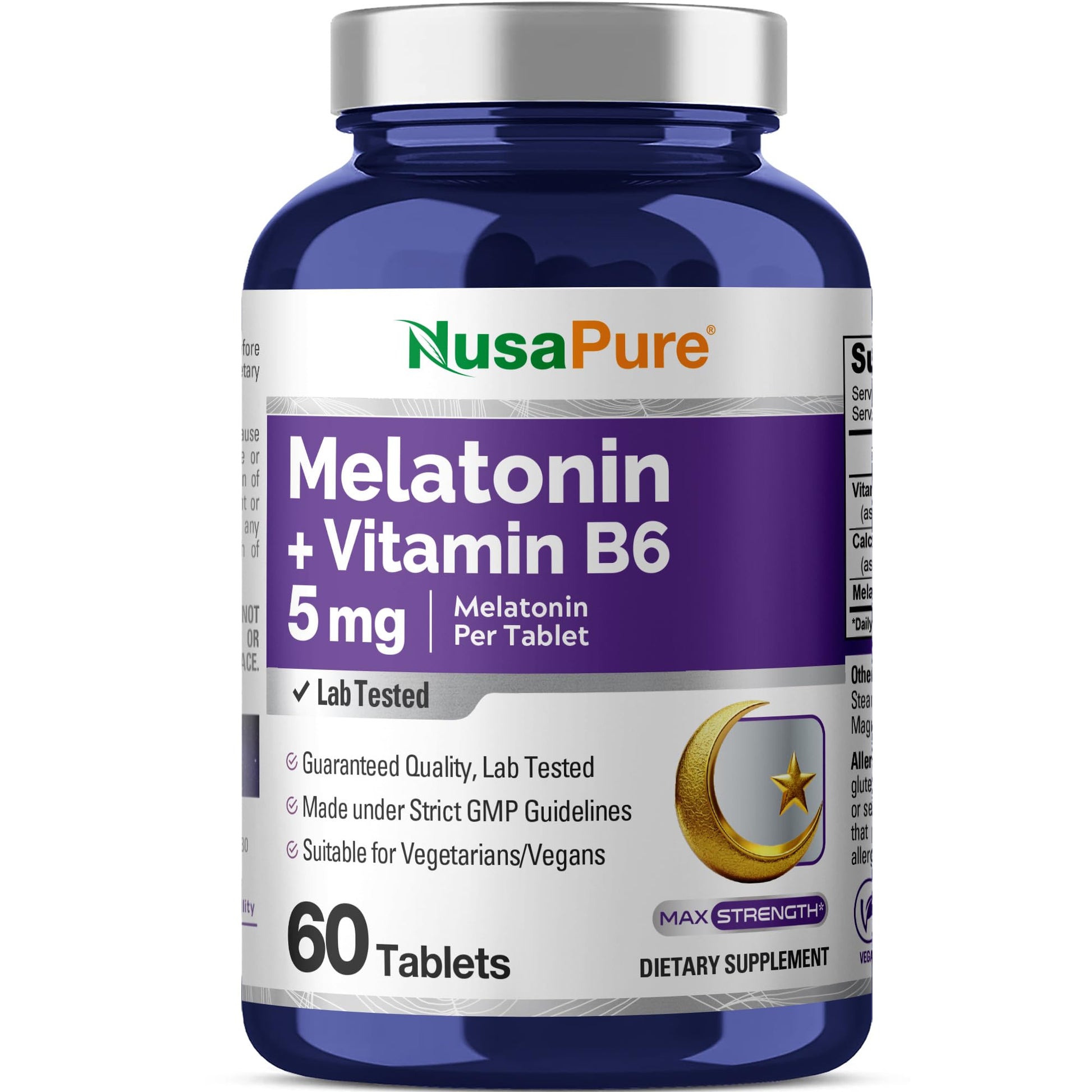 NusaPure Melatonin Vitamin B6 & Calcium, Vegan, 5mg, 60 Tablets