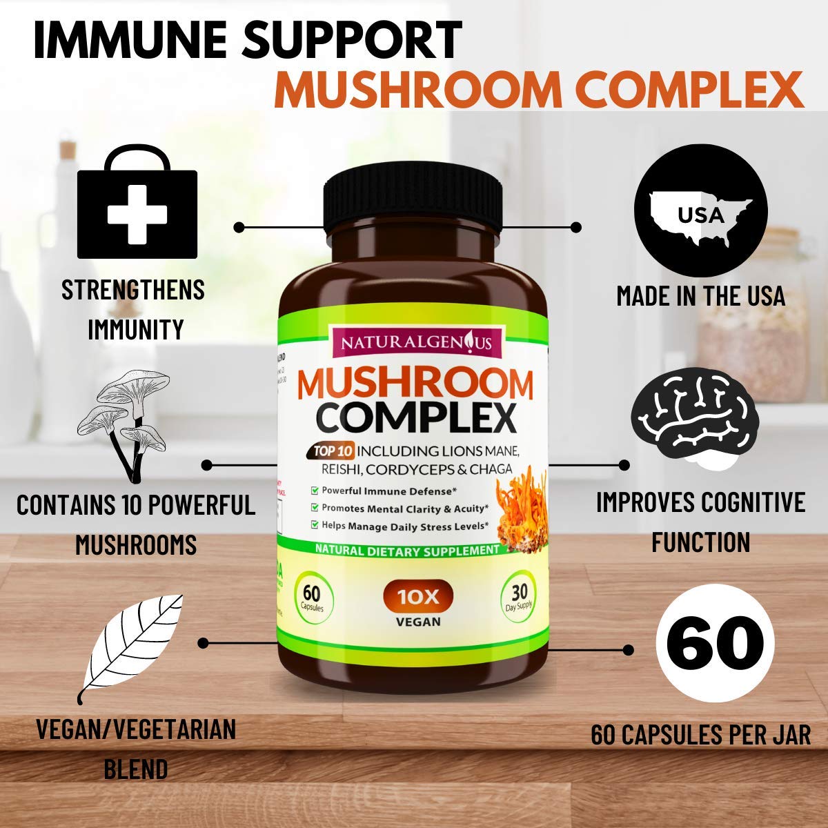 NATURALGENIUS Top 10 Mushroom Extracts - White Button, Lions Mane, Cordyceps, Chaga, Reishi Plus - Immune Booster, Nootropic 60 Capsules