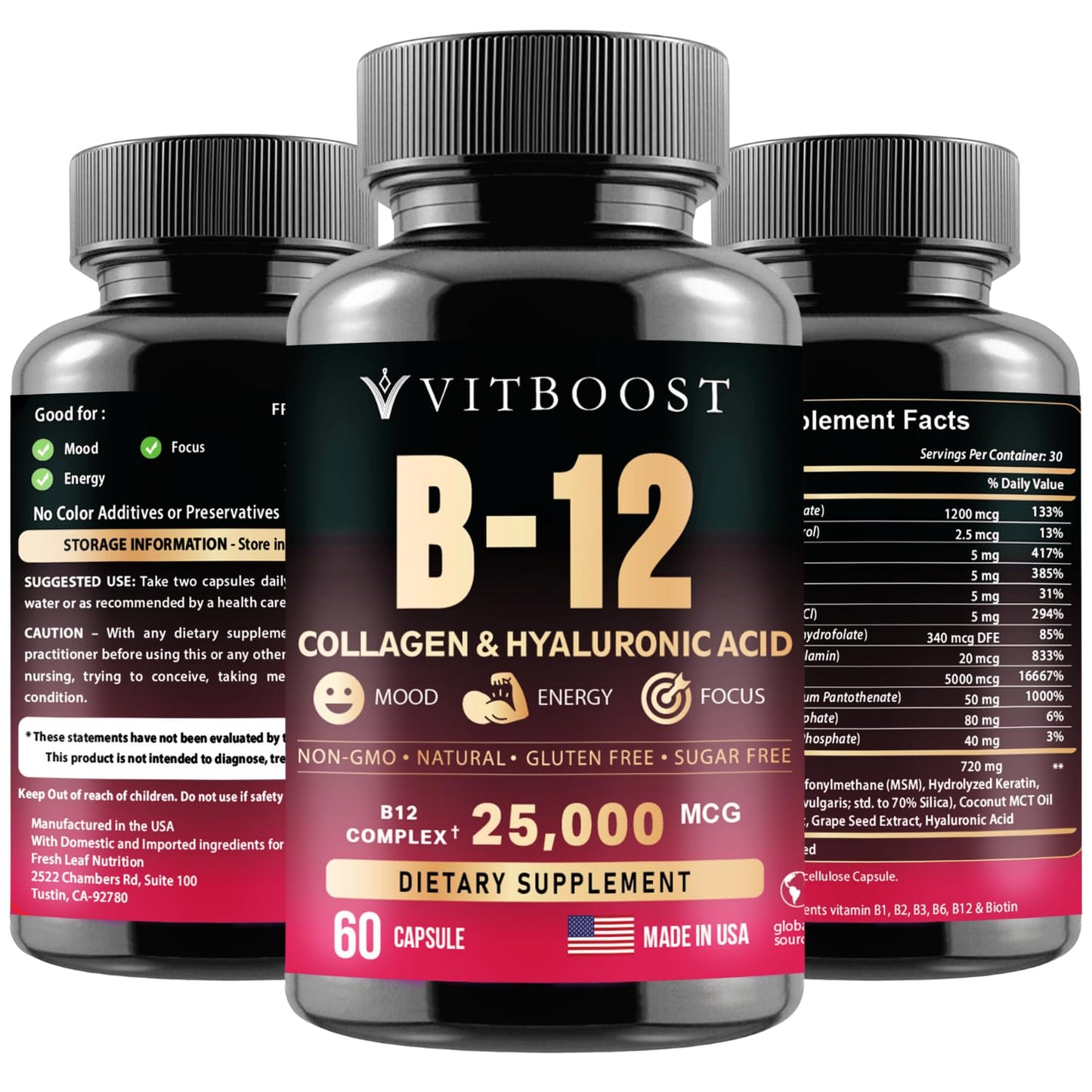 VITBOOST B12 Methylcobalamin with Hyaluronic Acid, Collagen, and Folate – 25000 mcg Supplement Enhance Absorption & Boost Energy, 120 Capsules