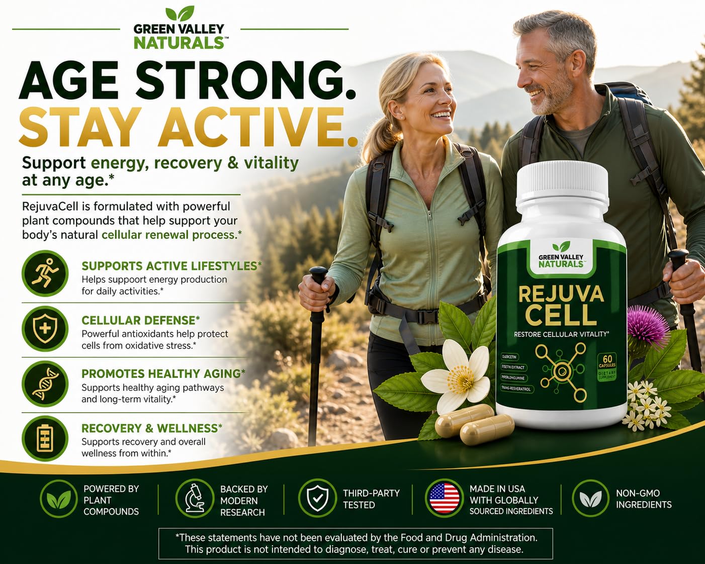 Green Valley Naturals RejuvaCell Longevity Supplement Fisetin, Quercetin Phytosome, Trans-Resveratrol & Piperlongumine, 60 Capsules