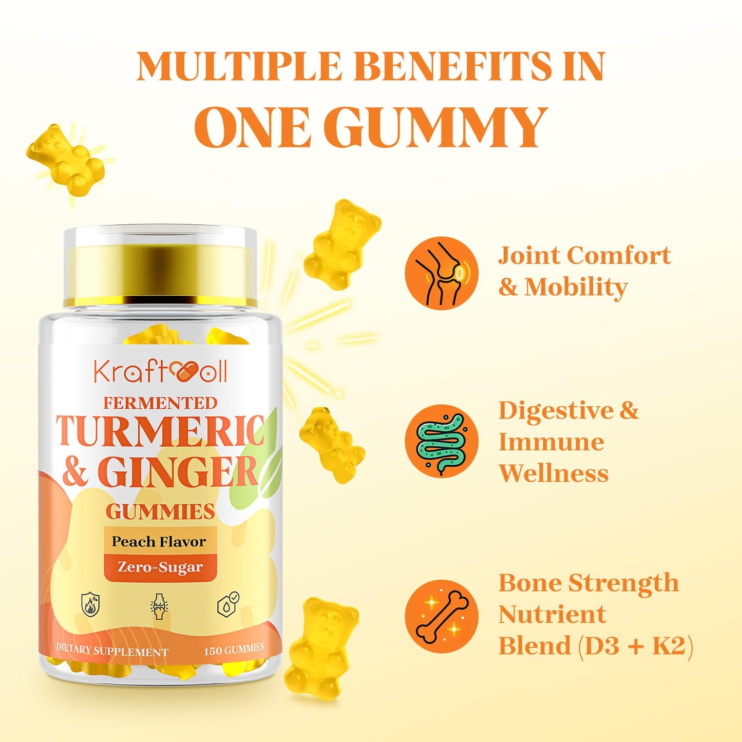 Kraftvoll Turmeric Curcumin with Ginger Gummies, Vegan Formula with Fermented Turmeric & Black Pepper, Natural Peach Flavor, Sugar-Free with Vitamin D3 + K2, Joint Comfort & Mobility, 300 Gummies