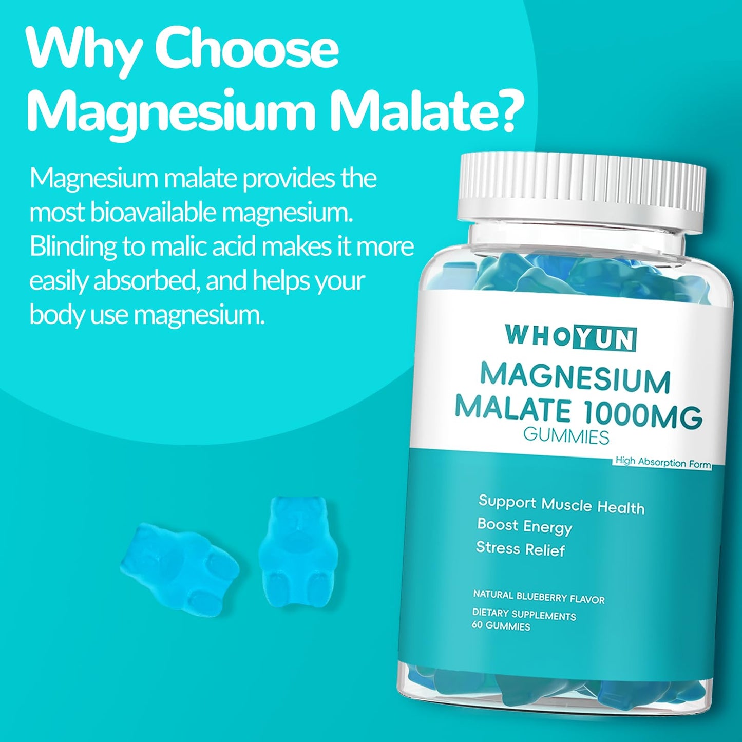 Whoyun Magnesium Malate Gummies 1000mg, 60 Count