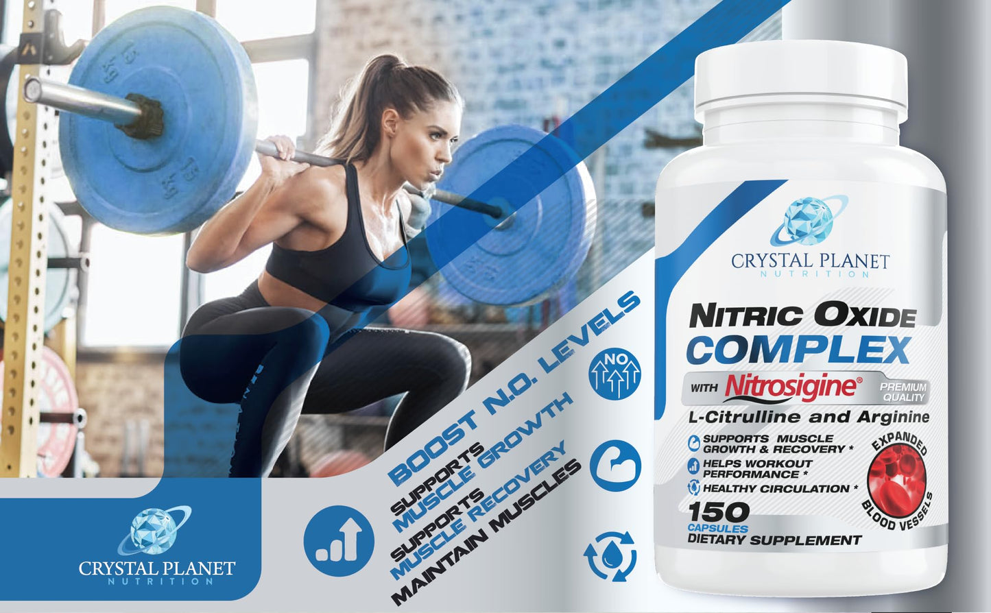 Crystal Planet Nitric Oxide Complex with Nitrosigine, Beet Root, Pine Bark, L-Citrulline & Black Pepper Capsule, 150 Capsules