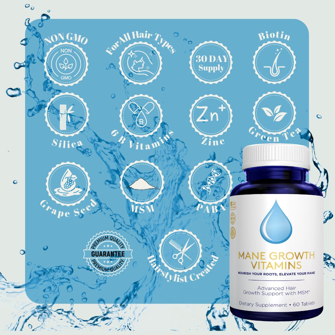 Mane Growth Hair Vitamins - All Natural MSM Biotin Vitamins for Women & Men - Supports Healthy Hair Growth - 60 Tablets