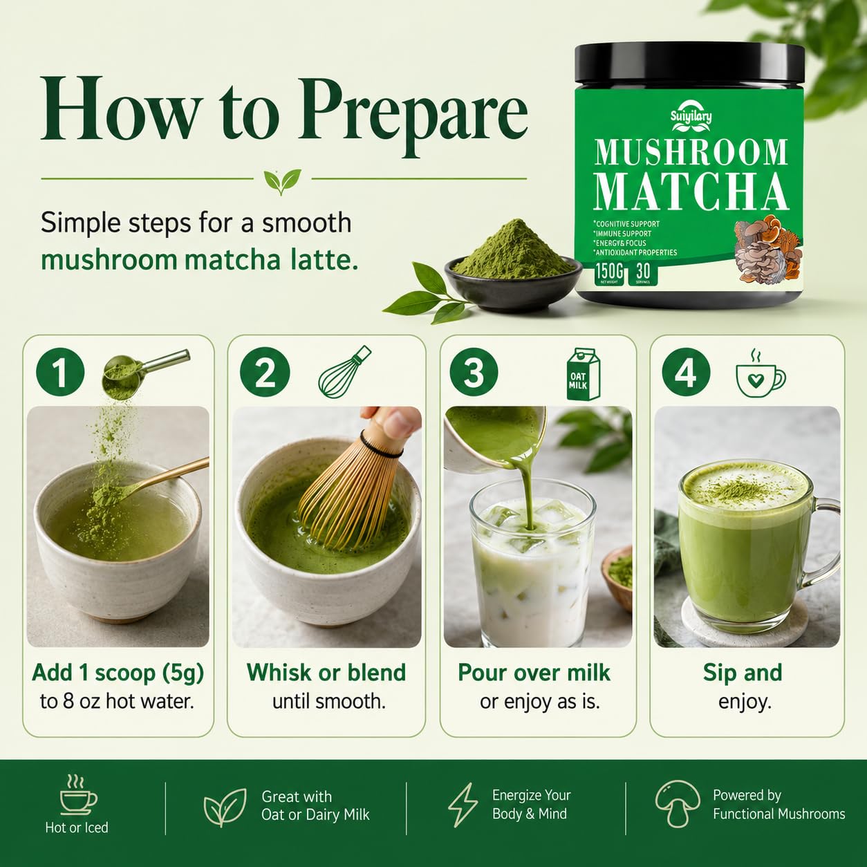 Suiyilary Mushroom Matcha Ceremonial Tea Powder with 7 Superfood Mushrooms, Gluten Free, 5.29 oz