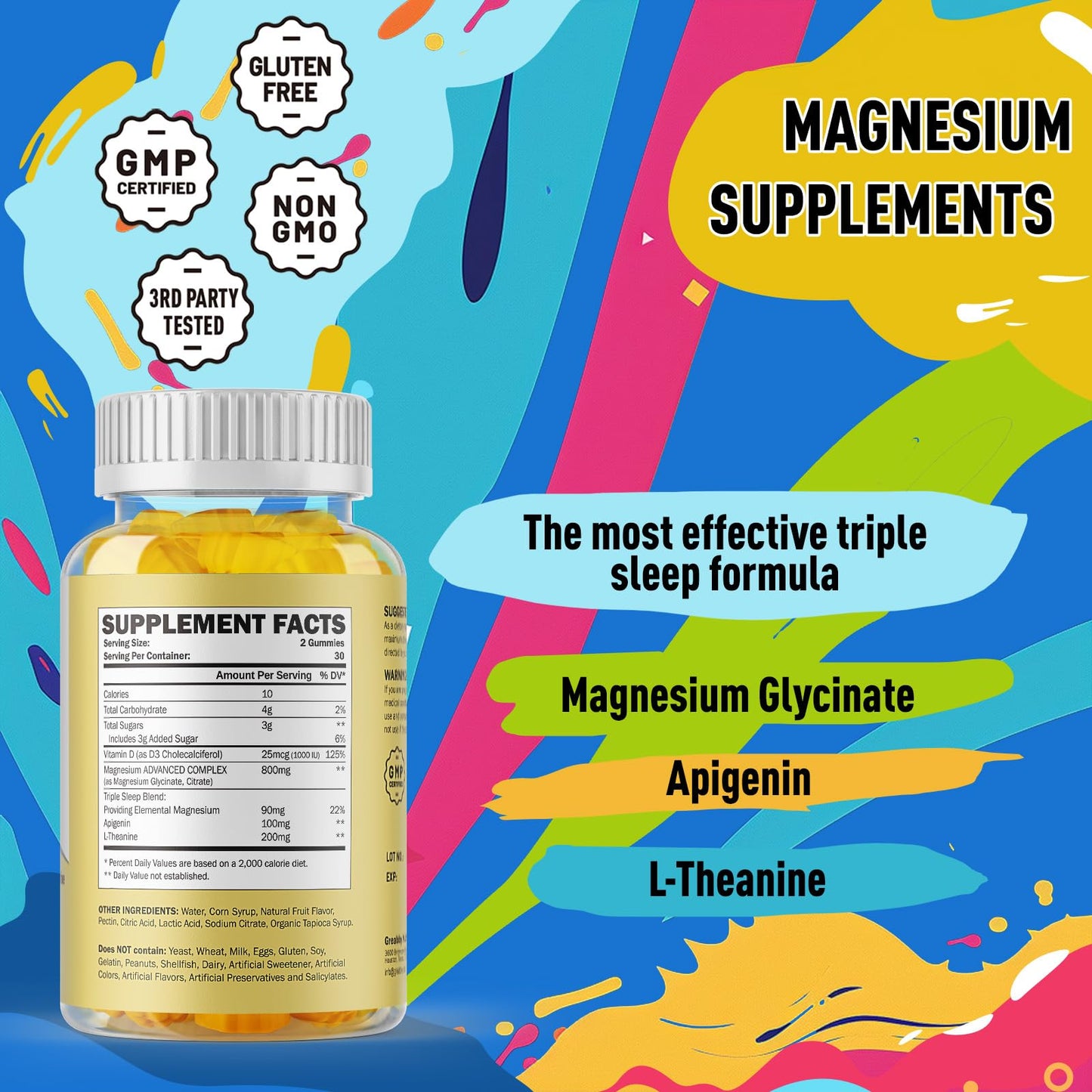 GREABBY Triple Magnesium Complex Gummies 800mg Magnesium Glycinate & Citrate, with Apigenin & L-Theanine, for Kids & Adults, Naturally Asleep & Muscle Cramps, 60 Gummies