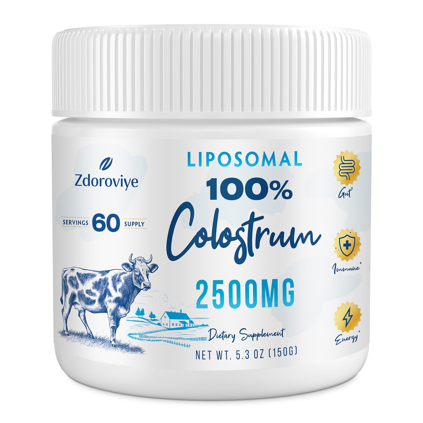 Zdoroviye Liposomal Bovine Colostrum Powder Supplement 2500 mg, Higher Absorption Than Regular Bovine Colostrum, 5.3 oz