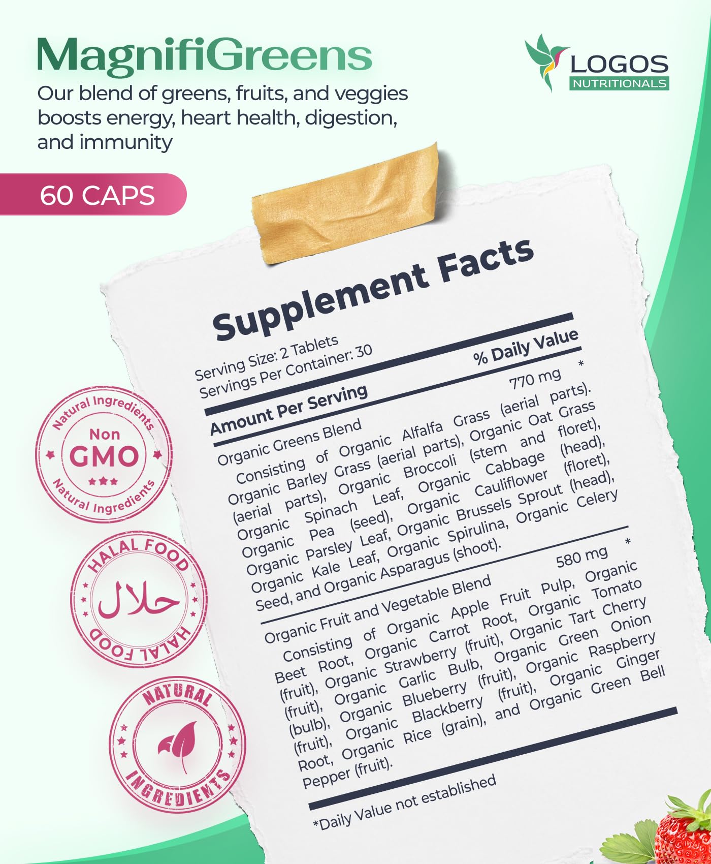 logos nutritionals MagnifiGreens - Super Greens, Fruits and Vegetables Supplements | 28 Ingredients with Alfalfa, Tart Cherry & More | Support Energy Level & Gut Health | Non-GMO, 60 Tablets