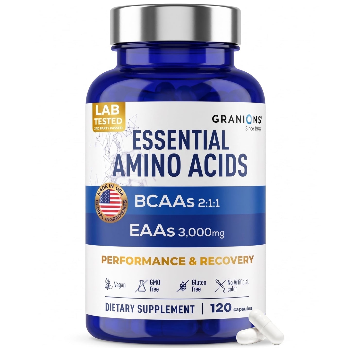 Granions Essential Amino Acids Supplement for Men & Women - All 9 BCAAs EAA Supplements - Leucine, Lysine, Tryptophan, Advanced Amino Complex for Energy & Muscle Recovery, 120 Vegan Capsules