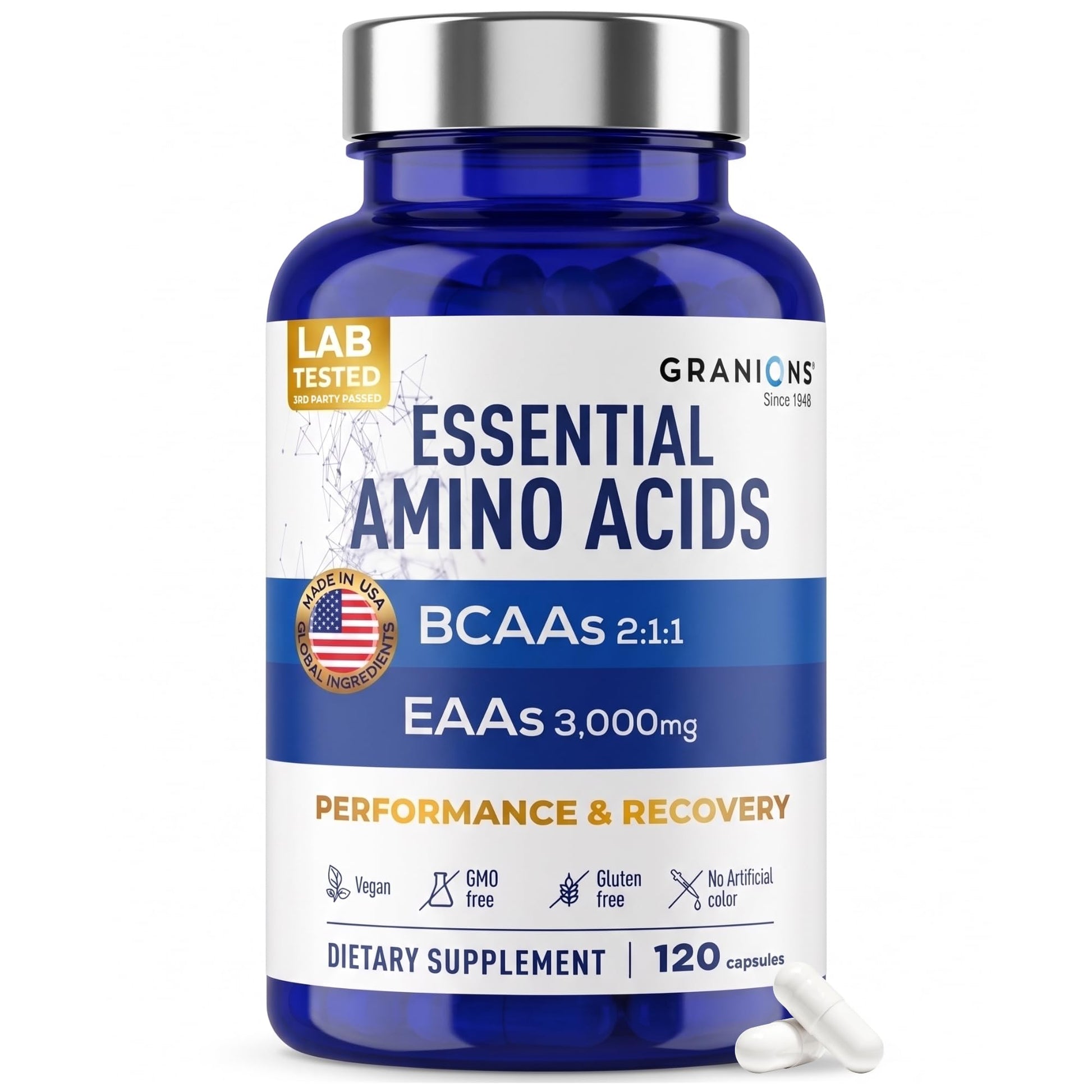Granions Essential Amino Acids Supplement for Men & Women - All 9 BCAAs EAA Supplements - Leucine, Lysine, Tryptophan, Advanced Amino Complex for Energy & Muscle Recovery, 120 Vegan Capsules