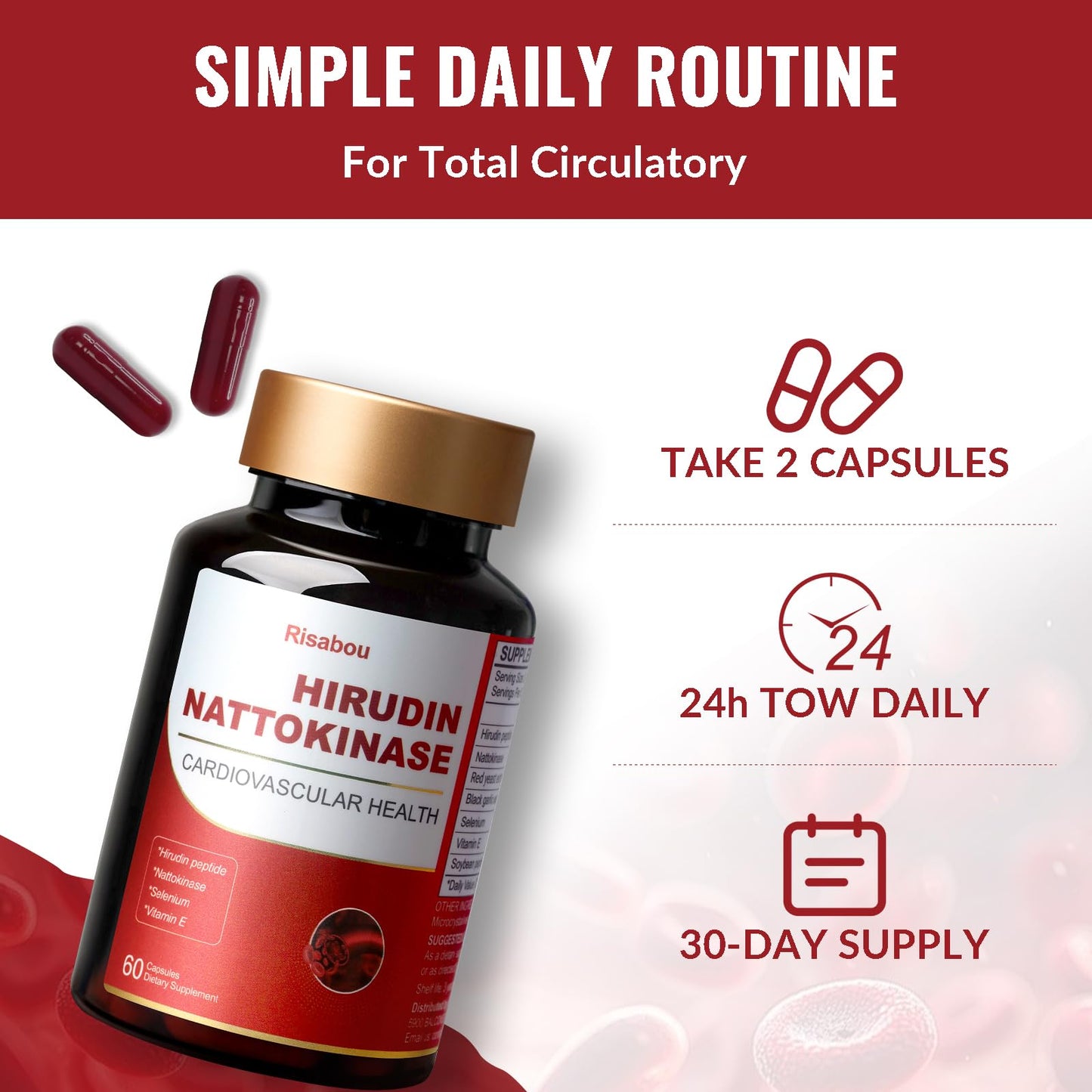 Risabou Hirudin Peptide Nattokinase Supplements with Red Yeast Extract Capsules 120 Count