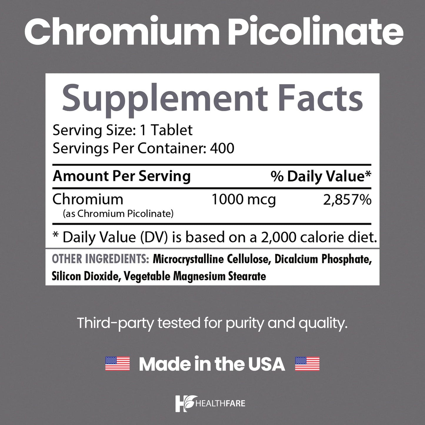HealthFare Chromium Picolinate 1000mcg Vegan Tablets, 400 Count