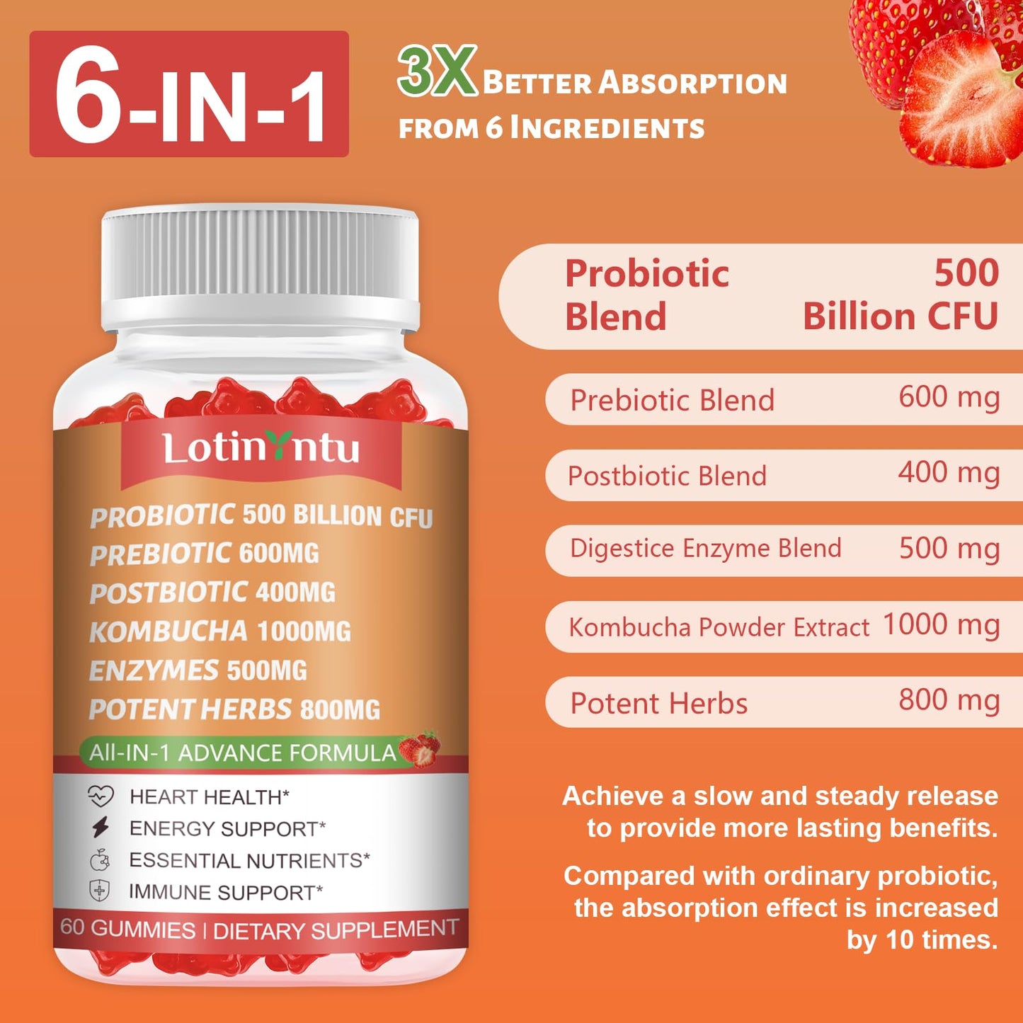 LotinYntu 6-in-1 Probiotic Kombucha Gummies, 120 Count