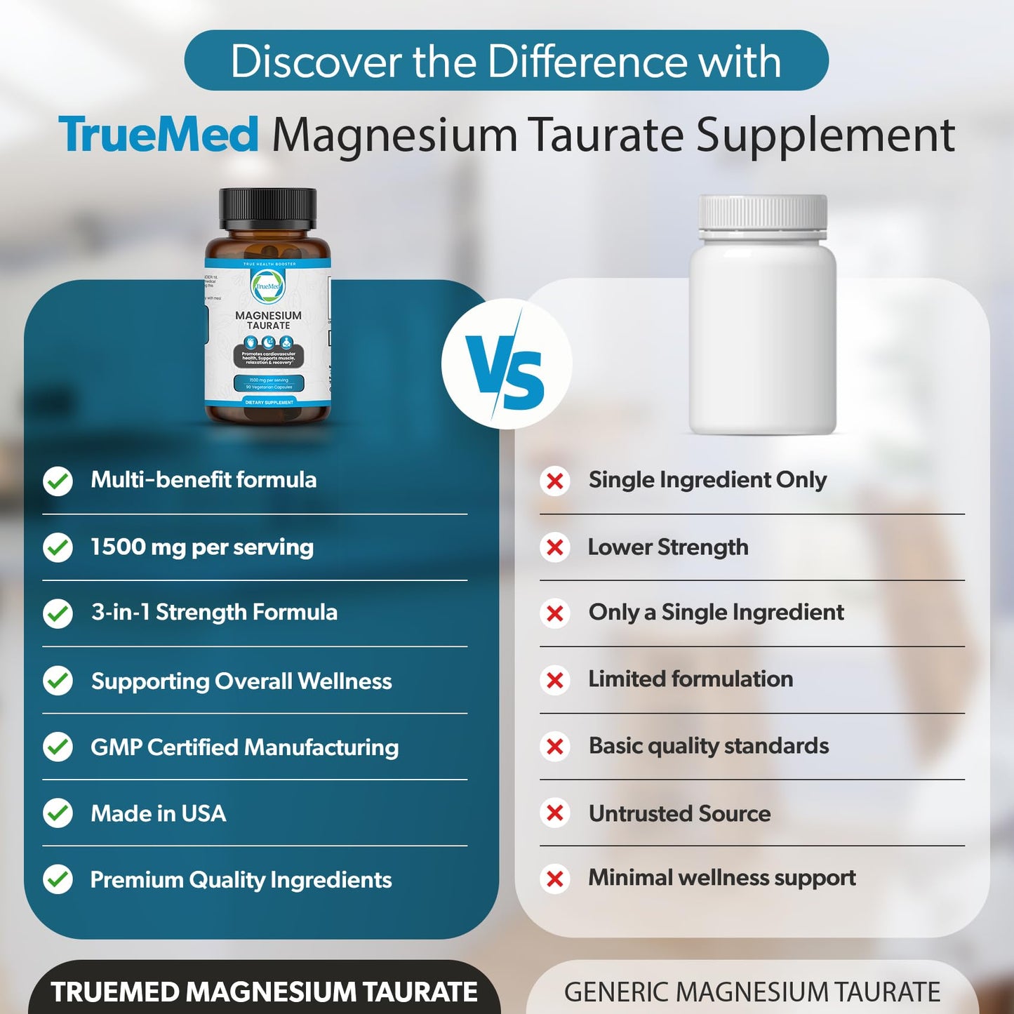 TRUEMED Magnesium Taurate 1500mg Capsules, 90 Count