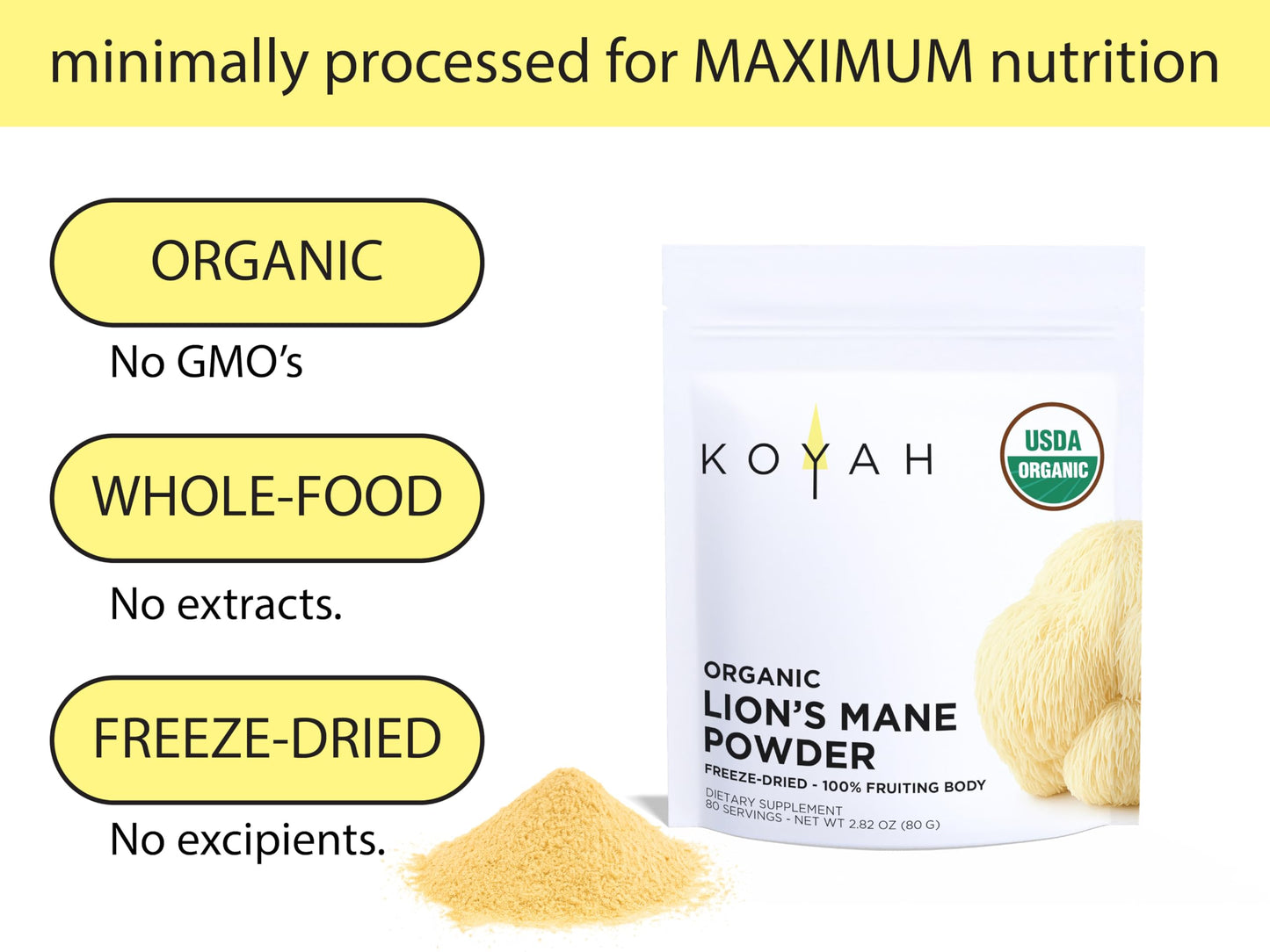 KOYAH Lion's Mane Mushroom Powder, 2.82 oz