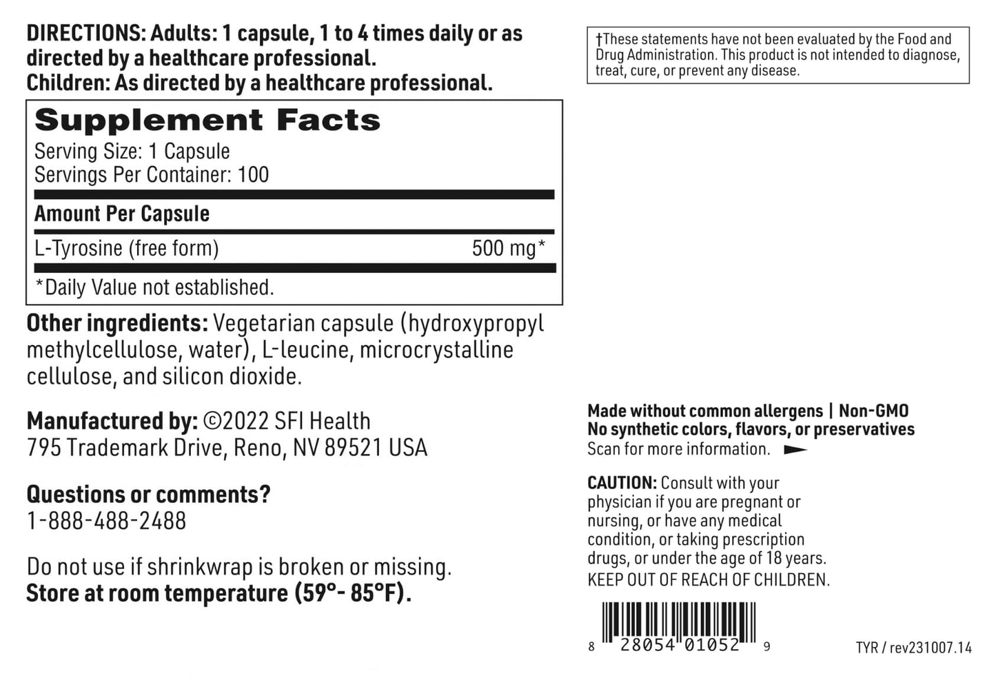 SFI Health Klaire Labs L-Tyrosine Capsule, 100 Count