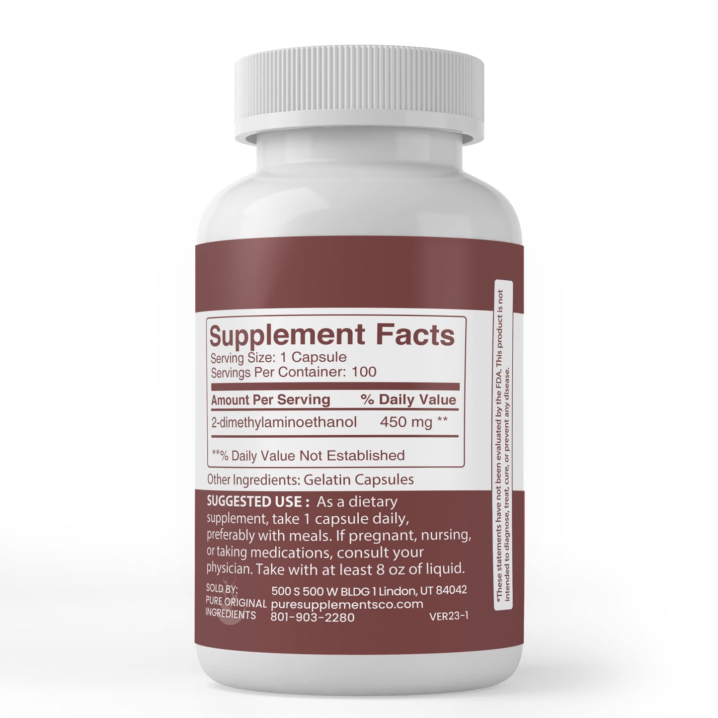 Pure Original Ingredients DMAE Bitartrate Capsules, 100 Count