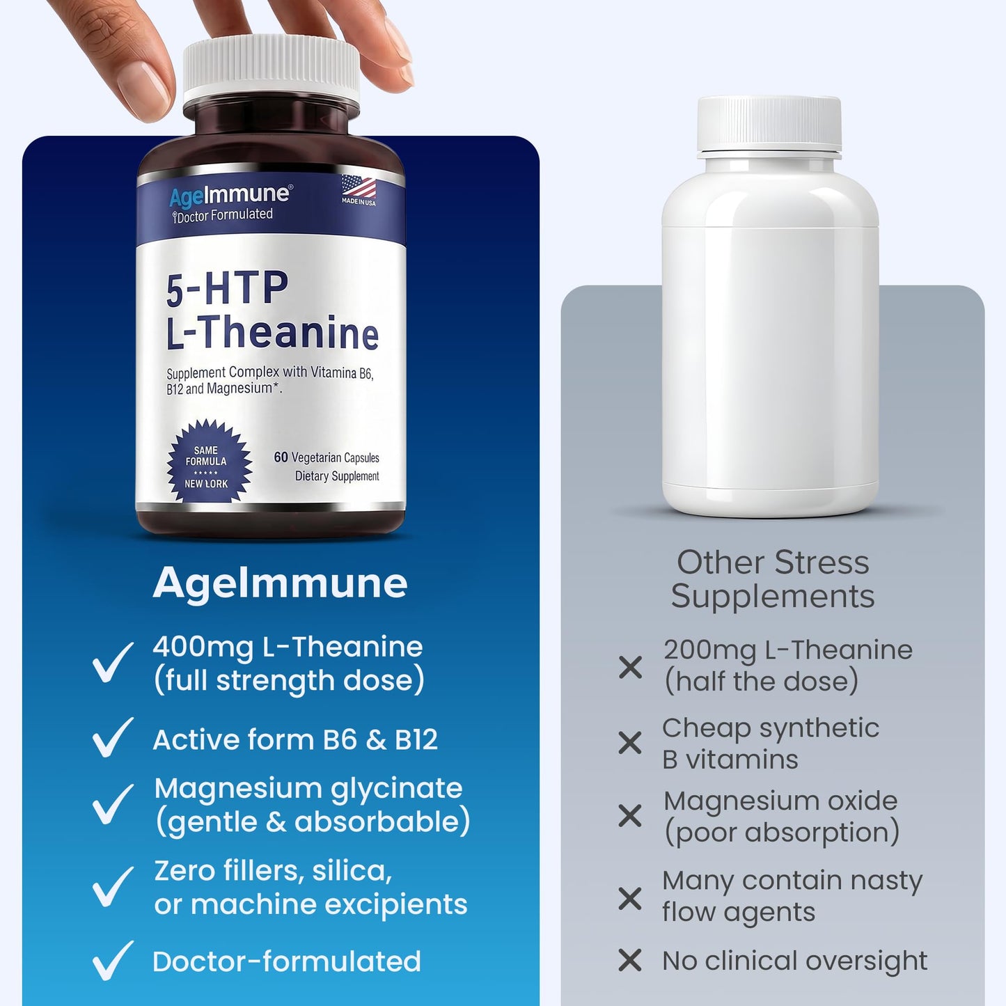 AgeImmune 5-HTP 100mg with L-Theanine 400 mg Formula for Stress Relief and Relaxation Support for Teens and Adults with Vitamins B6 - B12 and Magnesium Bisglycinate - Doctor Formulated – without stearates, 60 Capsules