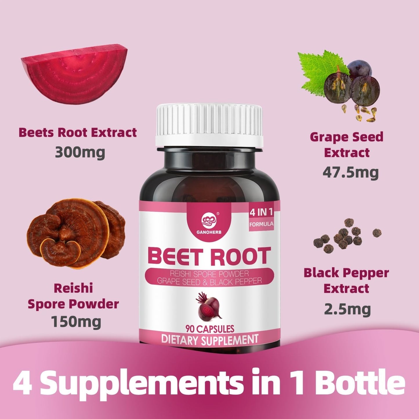GANOHERB Beet Root Capsules with Grape Seed Extract, Reishi Mushroom, Black Pepper, 4 in 1 for Nitric Oxide & Health Circulation, 90 Capsules
